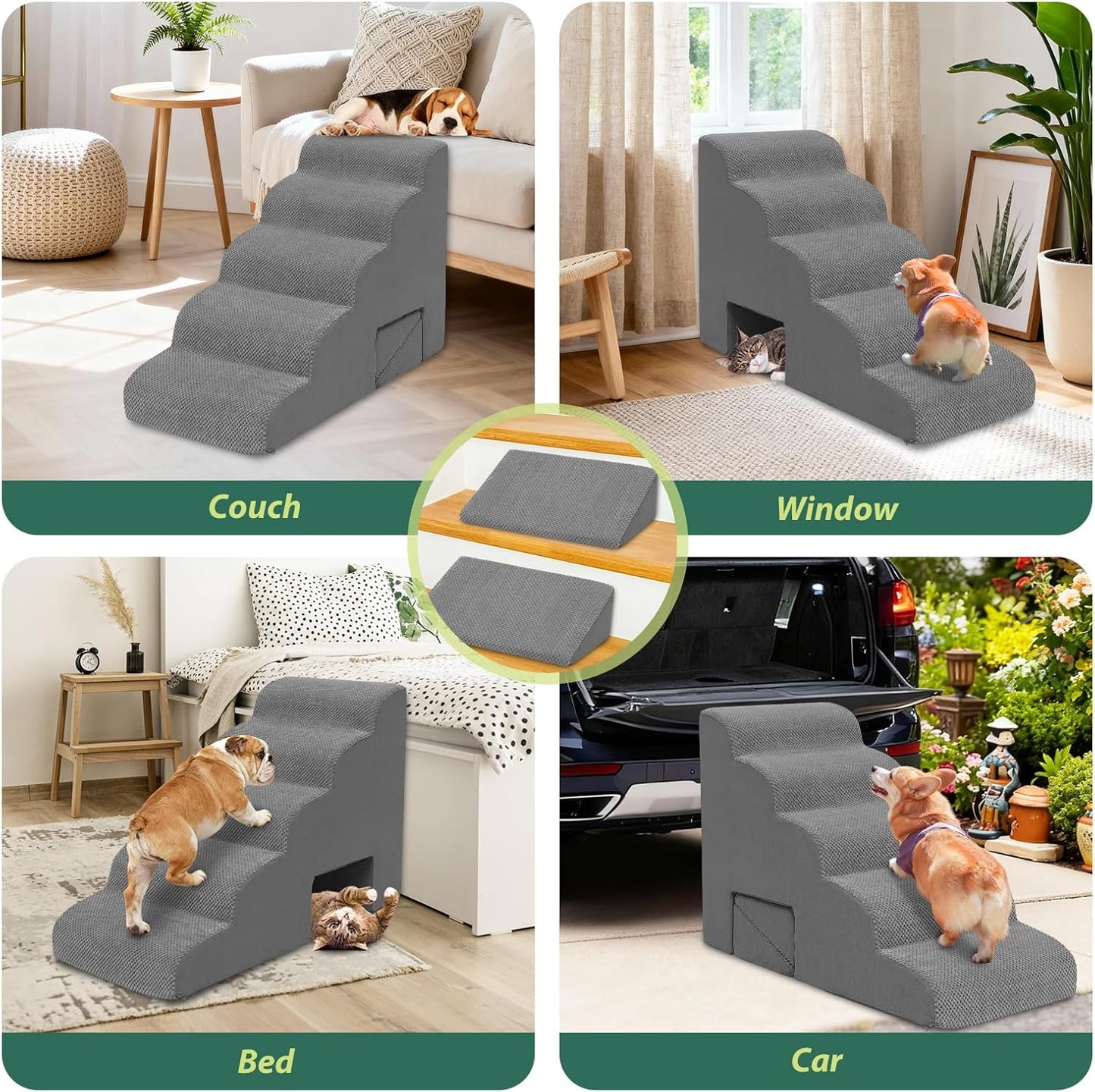 Dog Stairs for Small Dogs, 5 Tier Dog Steps for Bed and Couch, 23" H Non-Slip Balanced Pet Stairs with 2 Pet Ramps, Gray