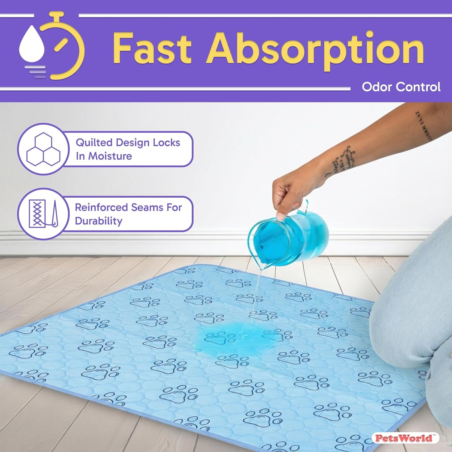 PETSWORLD Washable Reusable Dog Pee Pads (Pack of 4) – 34” x 36” Training Pads with Non-Slip Backing - Waterproof, Leakproof, Highly Absorbent Pet Pads for Puppies & Dogs