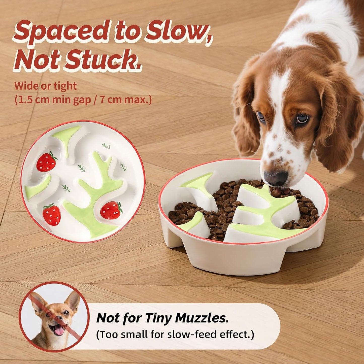Ceramic Slow Feeder Dog Bowl - Portion Control Feeding Bowl for Medium Dogs - Cute Maze Food Dish for Fast Eaters - 3.1 Cups (310 g) - Doodle Series (Strawberry)