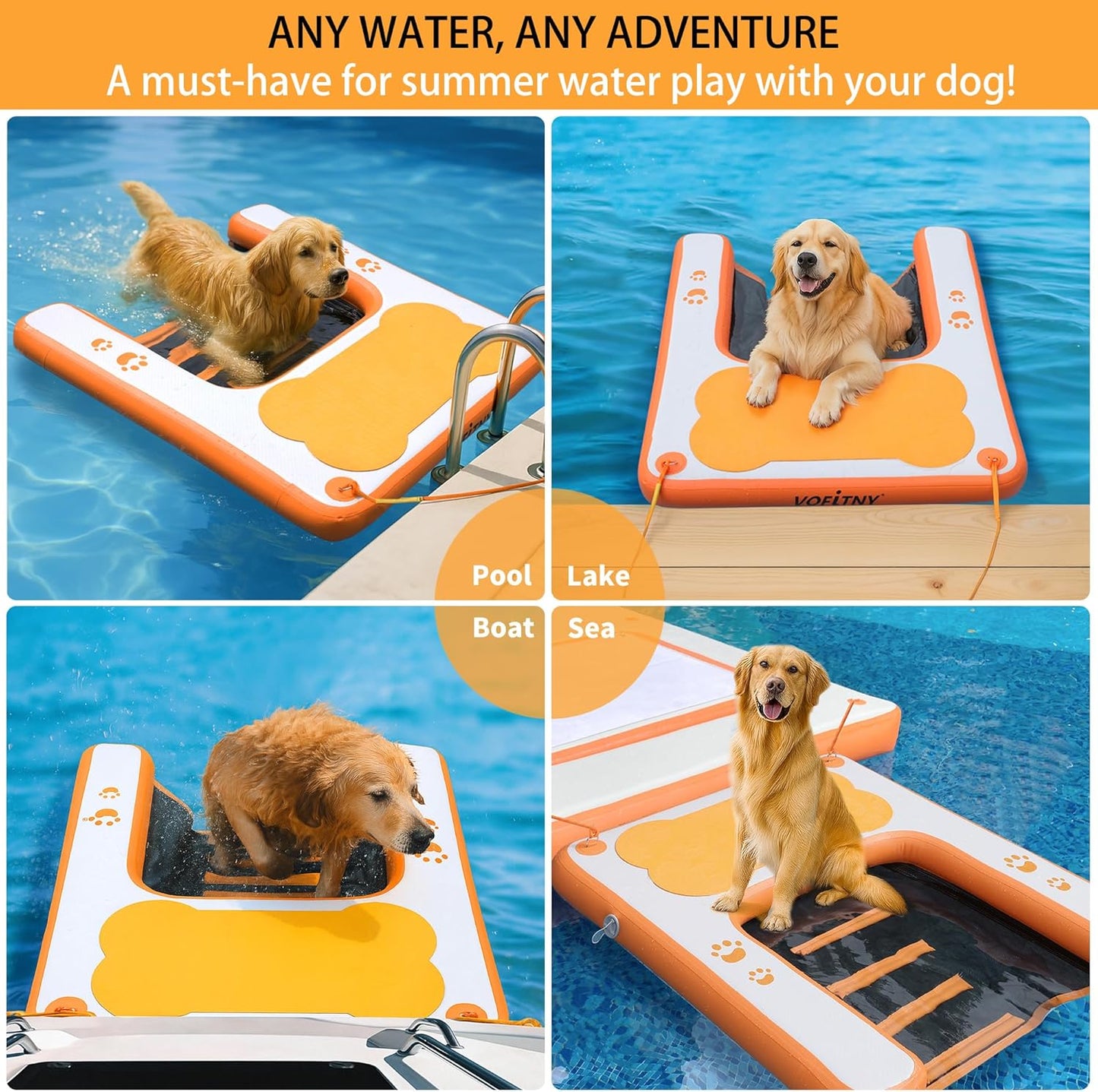 VOFiTNY Dog Pool Ramp, Safe Pool Ramp for Dogs Up to 200lbs, 2025 New Dog Boat Ramps with Non-Slip EVA Pad&Weighten Ladder, Puppy Steps for Pool/Boat/Dock/Sea, Orange Doggie Dock with Hand Pump