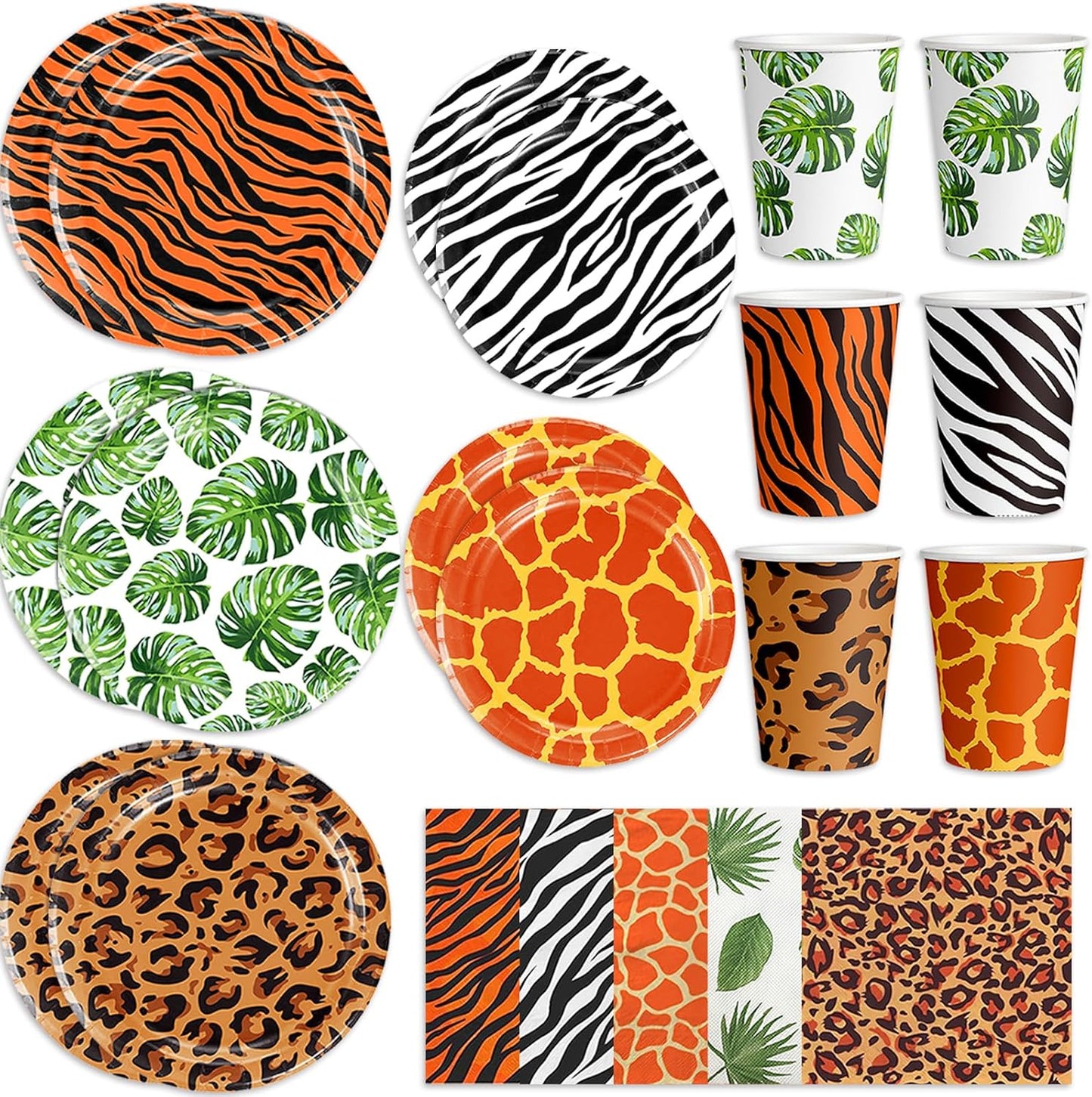 150 Pcs Jungle Safari Animal Party Supplies Disposable Jungle Safari Animal Print Paper Plates Cups and Napkins Wild Animals Jungle Table Decorations for Boys Girls