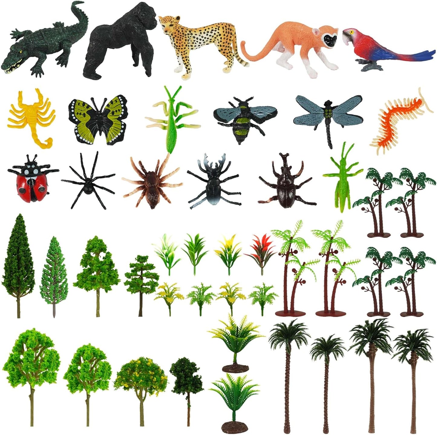 45 PCS Rainforest Animals Insect Figures Mixed Plastic Model Trees Forest for Rainforest Cake Topper Birthday Party Supplies Decorations