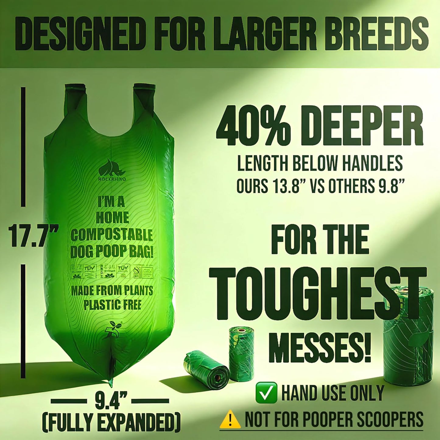 Ultra Thick & Deep RockRhino Dog Poop Bags for Large & XL Breeds | 4-Layer Interlocking Bottom | 100% Home Compostable, 0% Plastic | Vanilla-Scented | 60 Bags, Easy Open Tie Handles, Not for Scooper