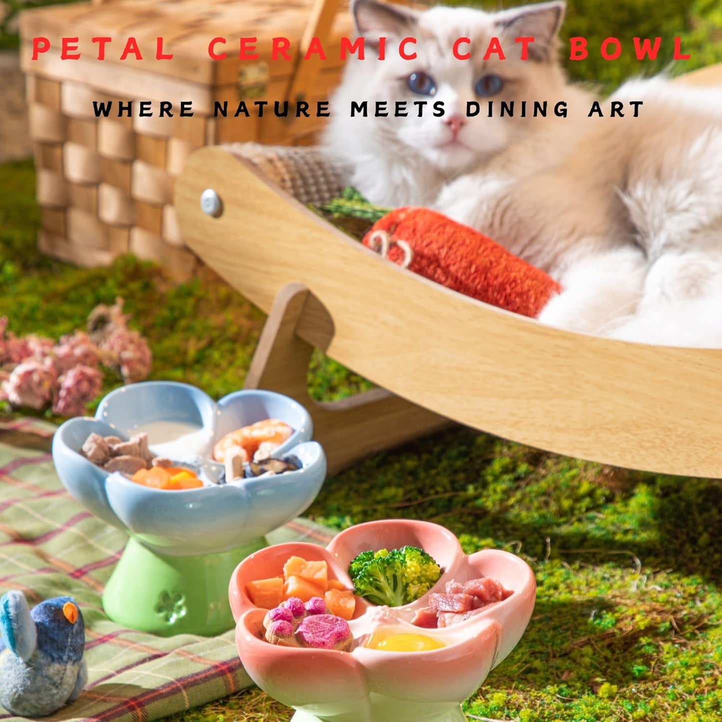 Ceramic Cat Divided Bowl Flower Shaped (5 Sections) - 4 Inch Elevated Design Cute Slow Feeder Bowl, Heavy Base, Under-Glazed Gradient Color - Separates Dry/Wet Food, Veggies, Fruits & Treats