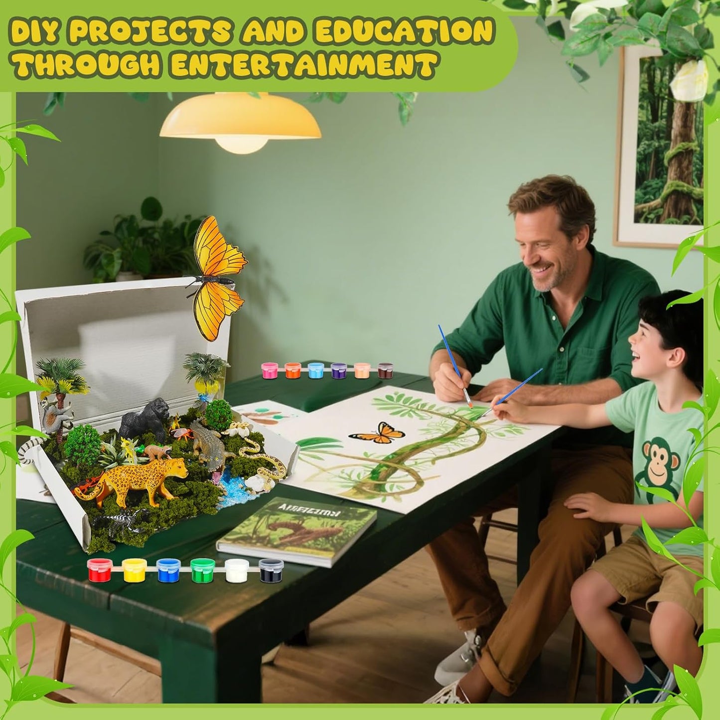 34 PCS Rainforest Diorama Kit Rainforest Animals Figurines Set Assorted Creatures Rainforest Diorama Supplies Animals Model Trees DIY Rainforest Decor