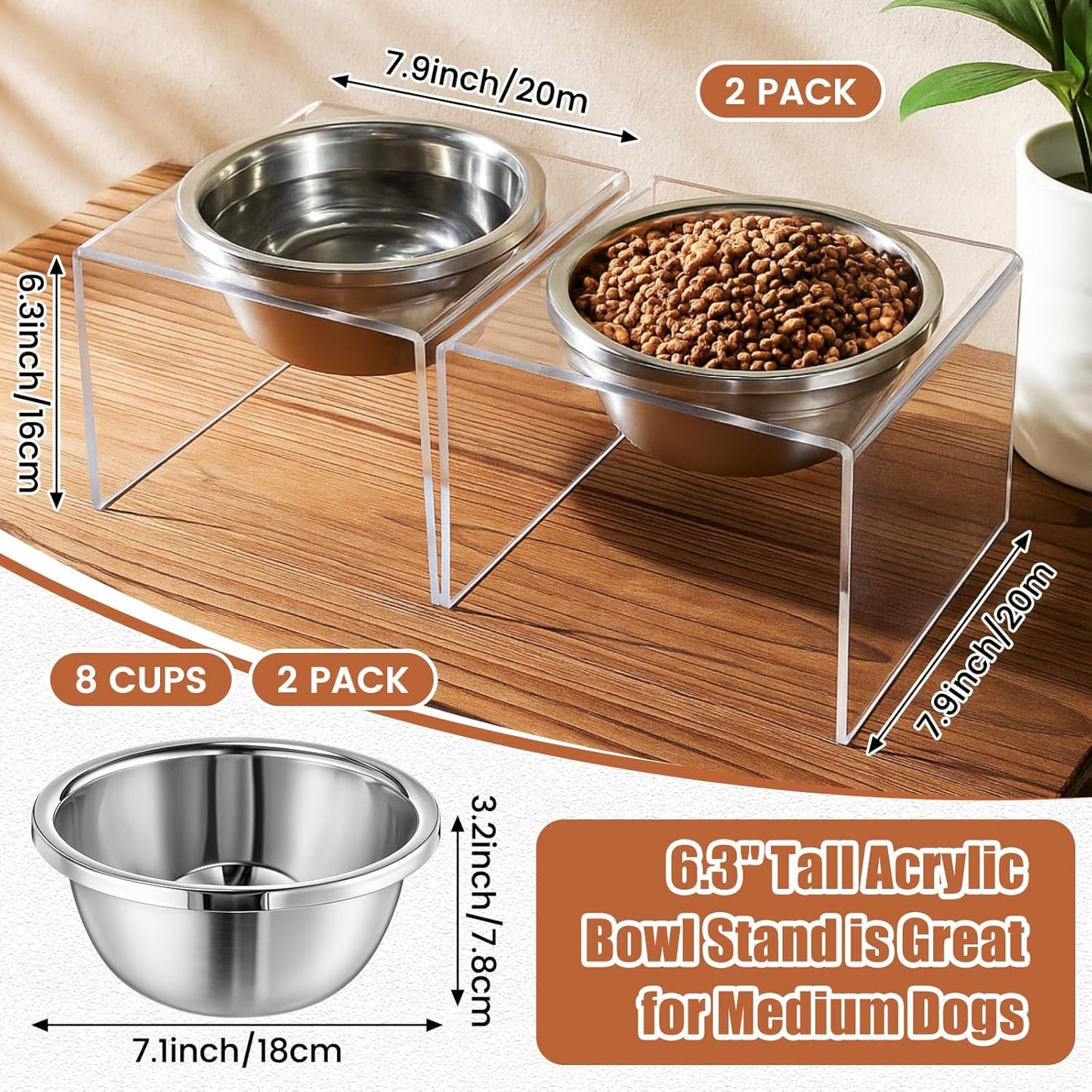 2 Set Acrylic Elevated Dog Bowls Stand 6.3" Tall Pet Acrylic Feeder Come with 2 Removable Stainless Steel Bowls for Large Dogs, Raised Durable Dog Bowl Pet Feeding Station