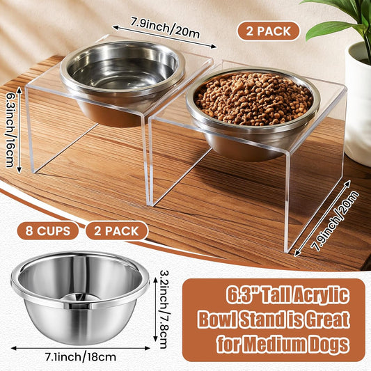2 Set Acrylic Elevated Dog Bowls Stand 6.3" Tall Pet Acrylic Feeder Come with 2 Removable Stainless Steel Bowls for Large Dogs, Raised Durable Dog Bowl Pet Feeding Station