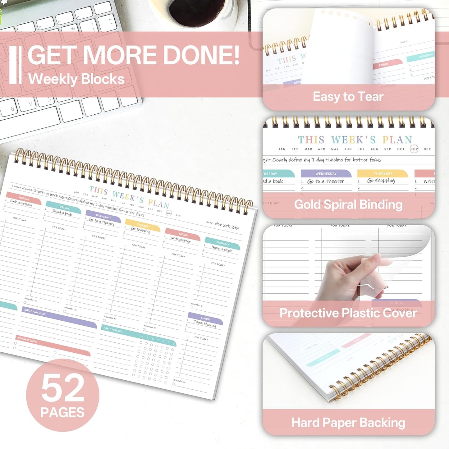 Weekly To Do List Notepad with 52 Undated Sheets（8.5"×11"）- Undated Weekly Desk Planner for Women & Man, School/Office Supplies