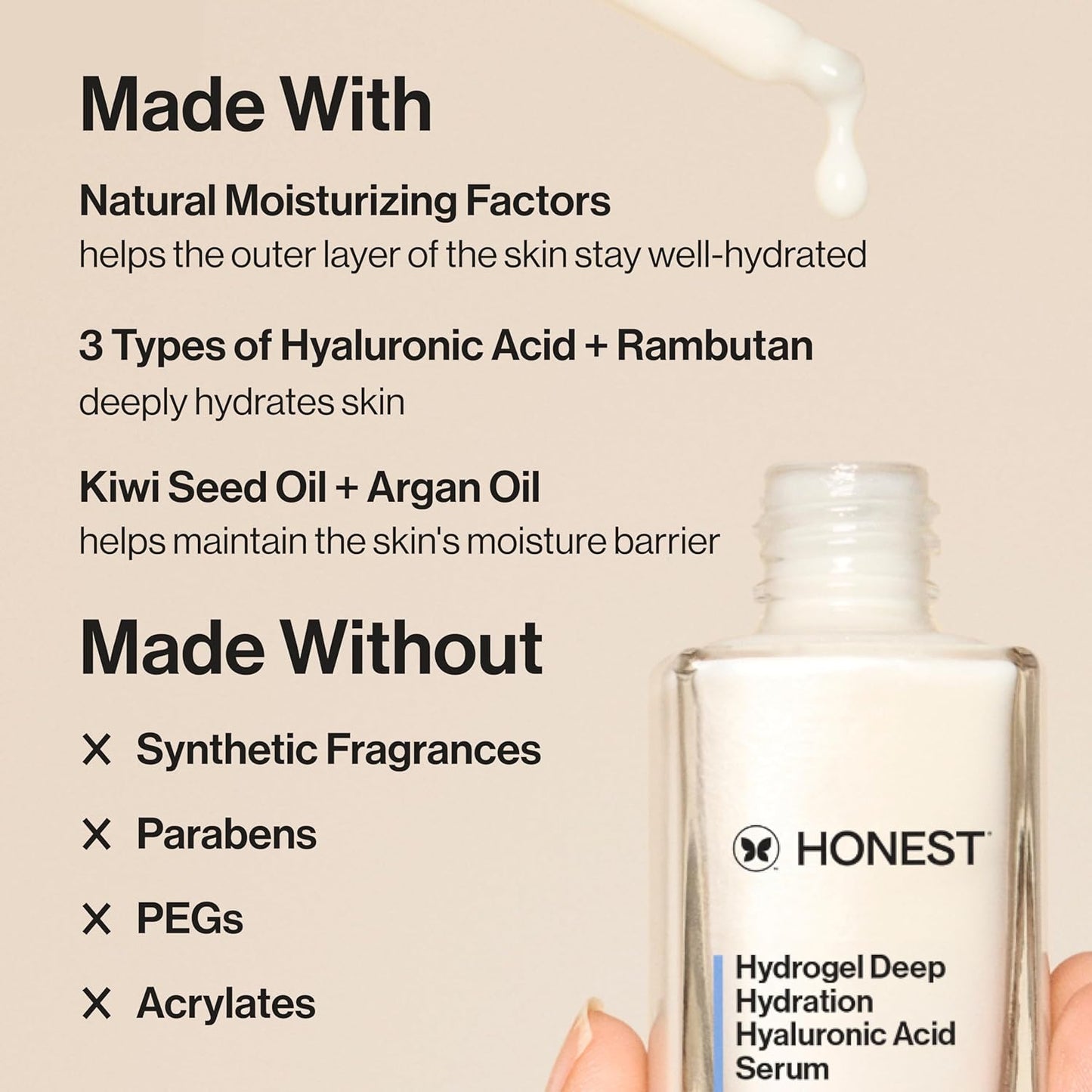 Honest Beauty Hydrogel Deep Hydration Hyaluronic Acid Serum, Moisturizes Plumps, Hypoallergenic, Fragrance-Free, Vegan, Gentle for Sensitive Skin, 1 fl oz