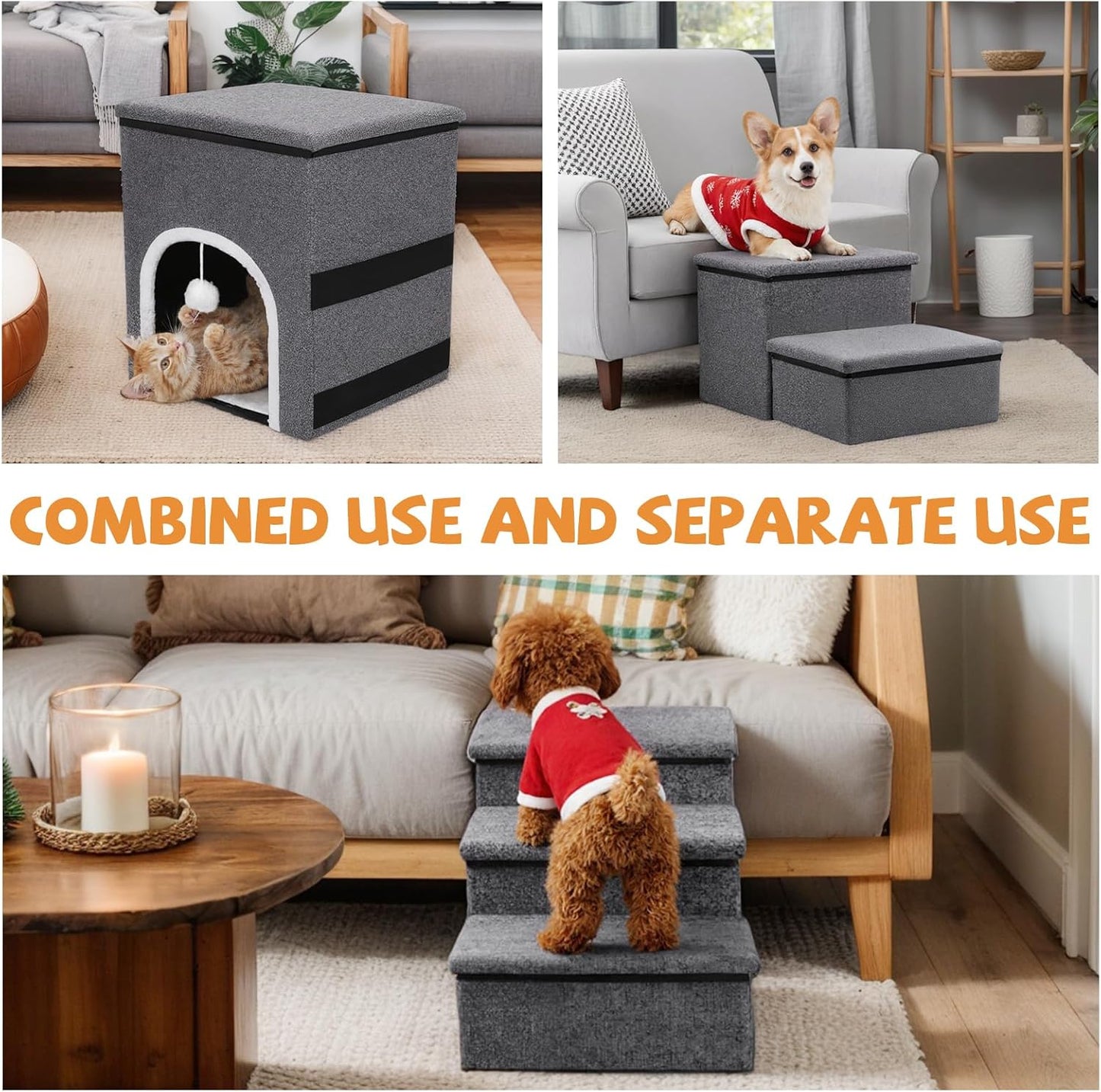 Foldable Dog Stairs for Small Dogs - Adjustable Pet Stairs for Bed or Couch with Storage, Non-Slip Design & Durable Build - Perfect Dog Steps for Mobility & Comfort