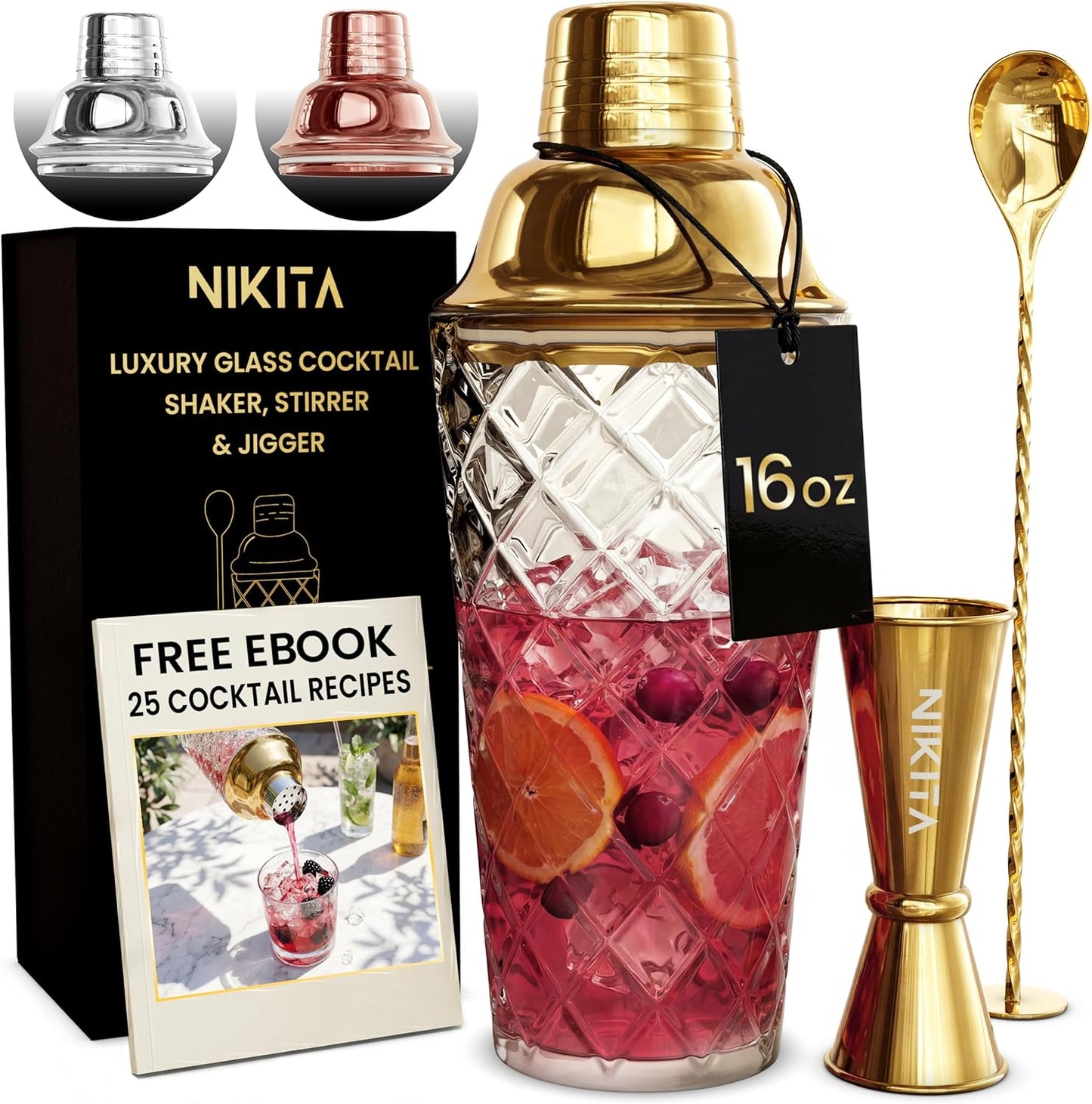 NIKITA by Niki Glass Cocktail Shaker Set, 5-Piece Martini Shaker & Bartender Kit with Bar Accessories Strainer, Jigger, Spoon & Muddler, Gold 16oz Drink Mixer with Bartender Accessories