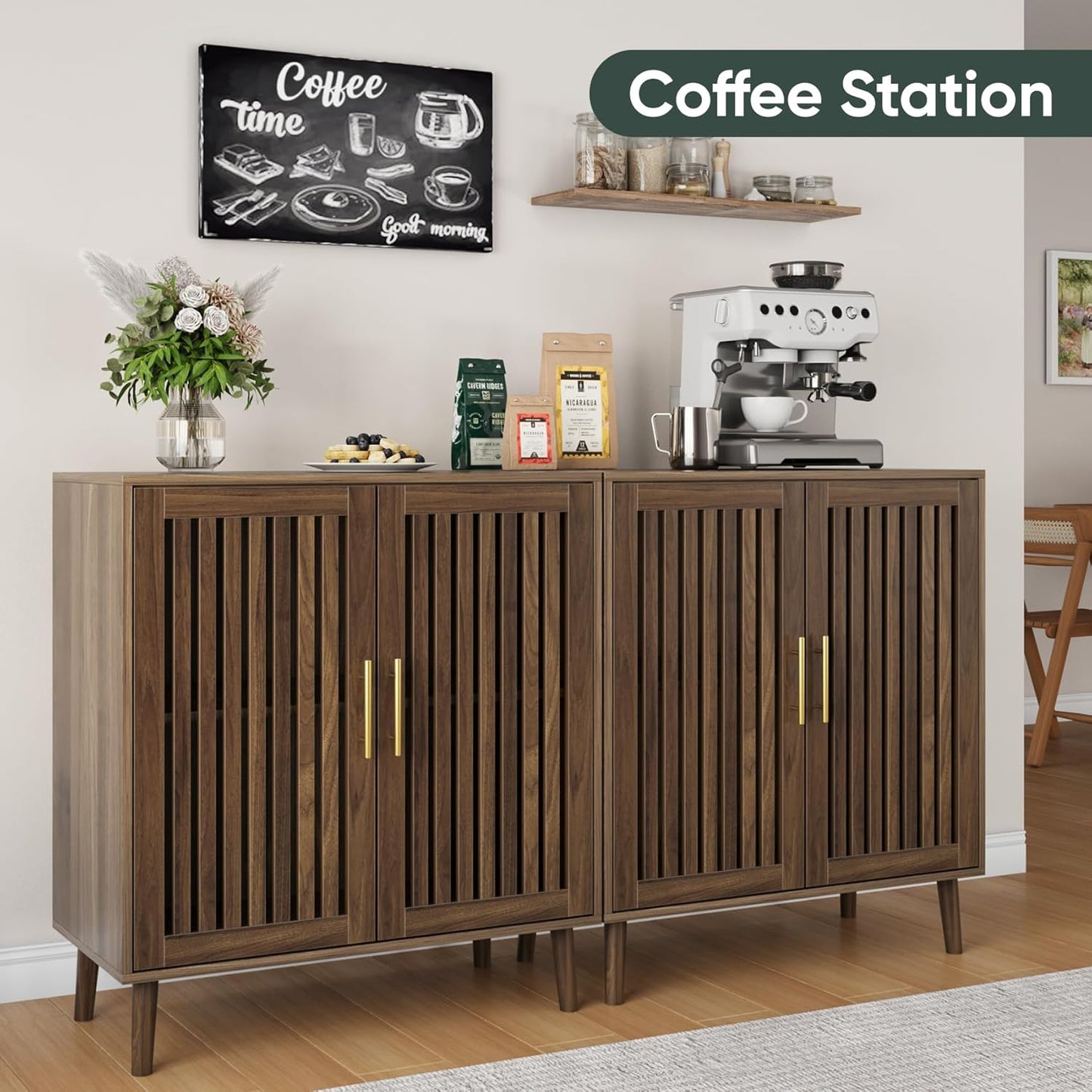 Sideboard Cabinet, 31.5" W Farmhouse Buffet Cabinet with Slatted Doors & Adjustable Shelf, Wood Coffee Bar Storage Station for Kitchen, Dining Room, Living Room, Entryway, Walnut Color