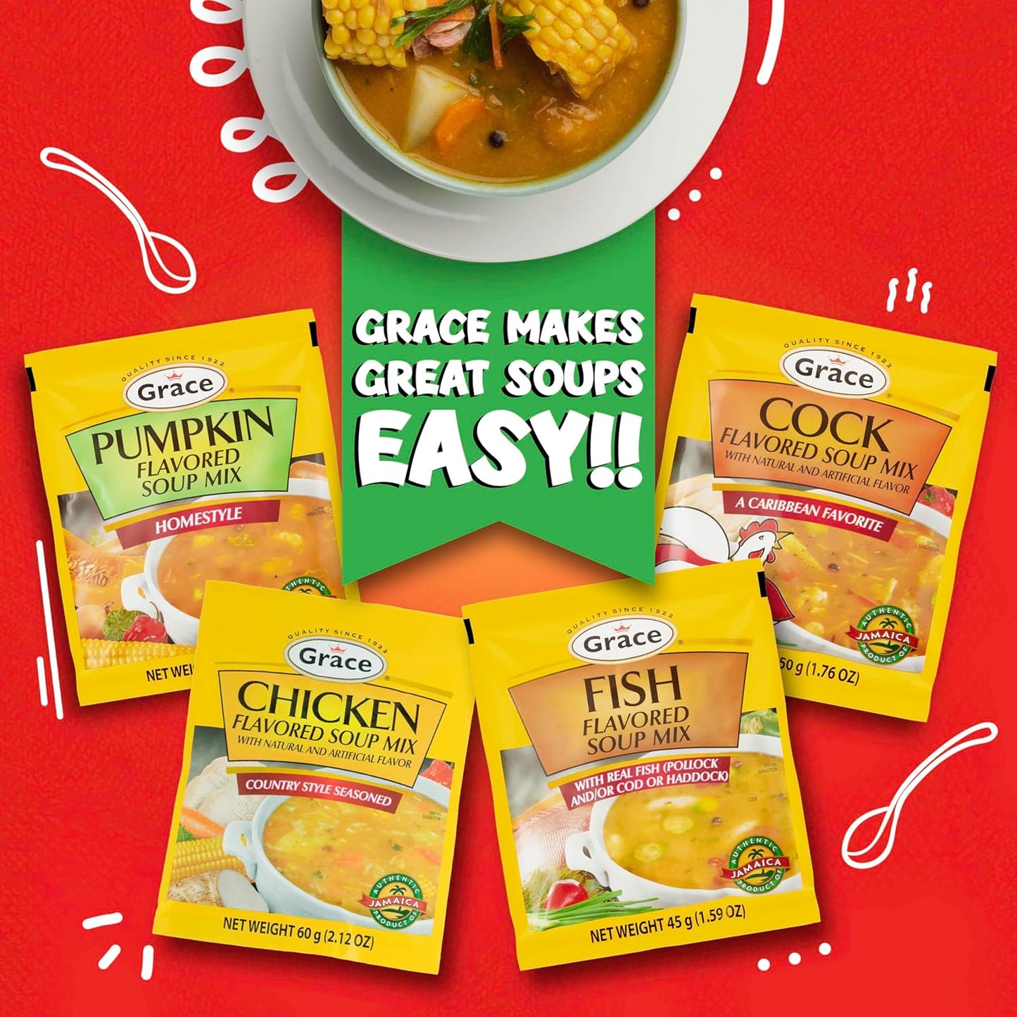 Grace Fish Flavored Soup Mix 1.59oz - Pack of 12 - Authentic Jamaican Fish Tea Made with Cod, Haddock & Pollock - Caribbean Fish & Seafood Stock Mix