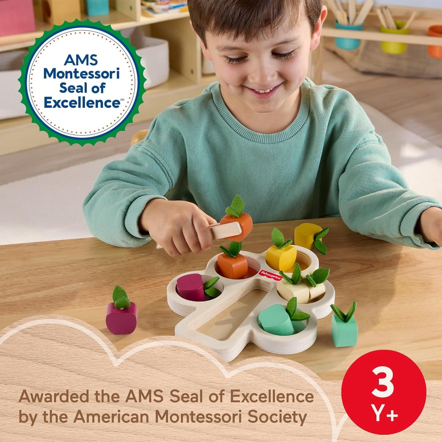 Fisher-Price Wood Montessori Toy Sorting Tree, American Montessori Society Seal of Excellence, Wooden Learning Activity Puzzle & Expert Play Tips for Preschool Kids Ages 3+ Years