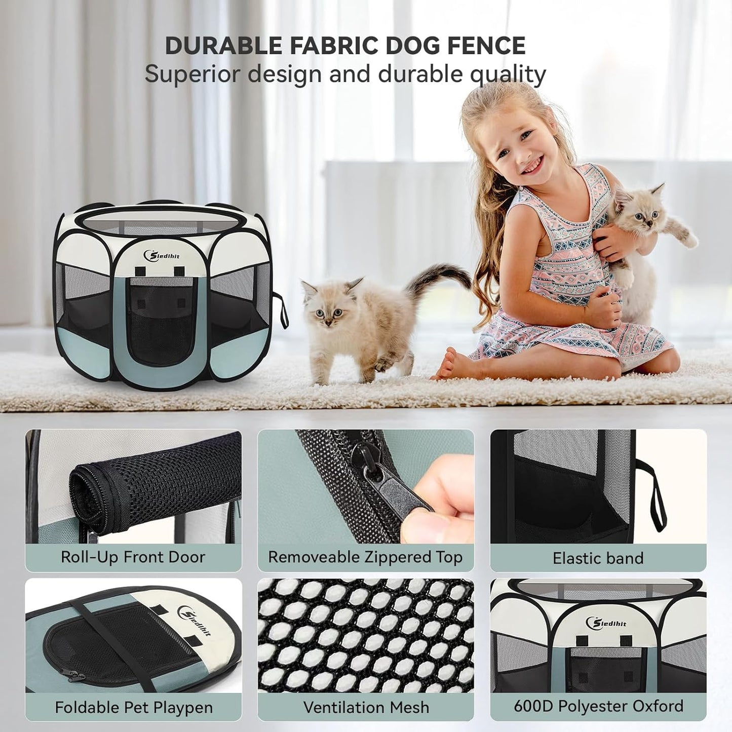 Dog Cat Playpen, Puppy Pet Playpen Indoor for Small Dog Crate Tent Cage Outdoor, Portable Pop Up Dogs Enclosure Kennel with Carrying Case for Dogs/Cats/Rabbits(Grey, Small