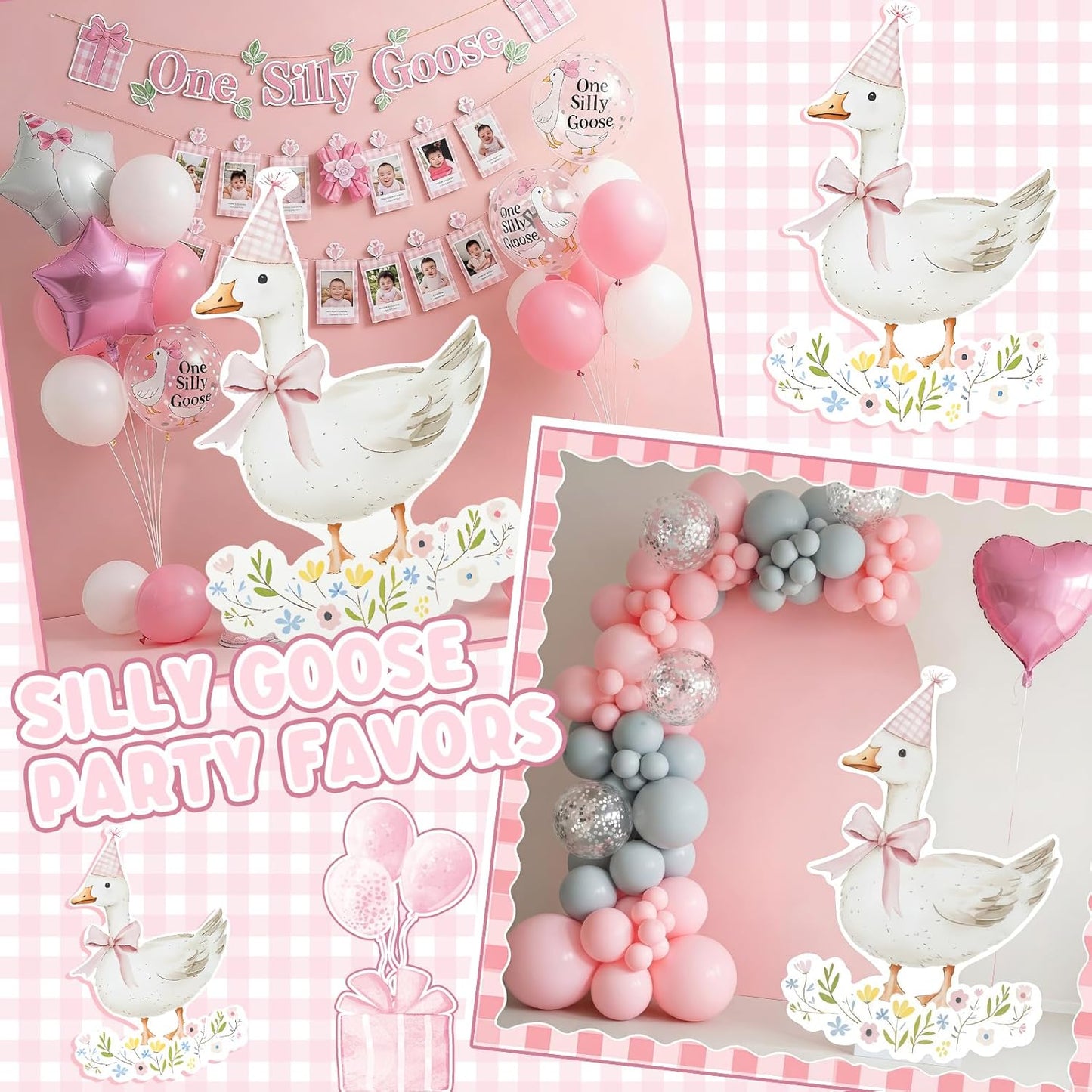 One Silly Goose Party Decorations 1st Birthday Backdrop Duck Animal Background Prop for Birthday Baby Shower Party Supplies(Pink Gingham,Goose)