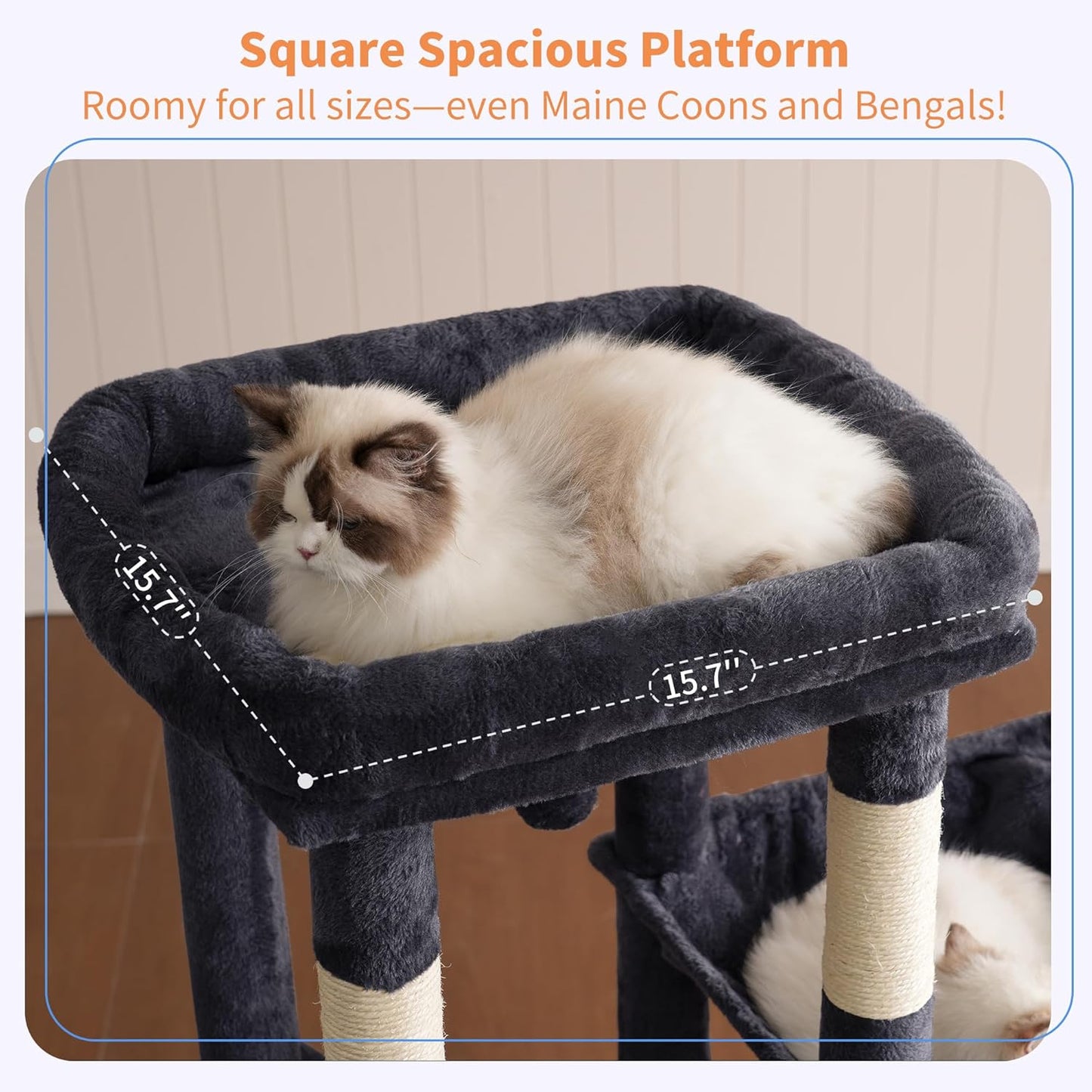 Heybly Heavy Duty Cat Tree, Tower for Indoor Cats large adult, Tall Cat Condo House with Extra-Large Baseboard, Multi-Level Plush Furniture with Scratching Posts, Hammock,Toy Balls, Smoky Gray HCT026G