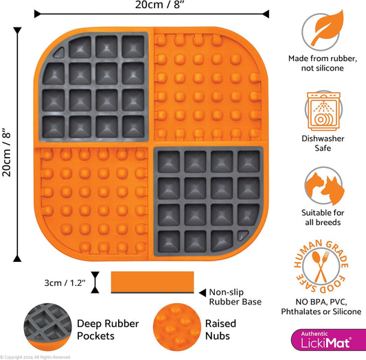 LickiMat Slomo, Dog Slow Feeders Lick Mat, Boredom Anxiety Reducer; Perfect for Food, Treats, Yogurt, or Peanut Butter. Fun Alternative to a Slow Feed Dog Bowl, Orange