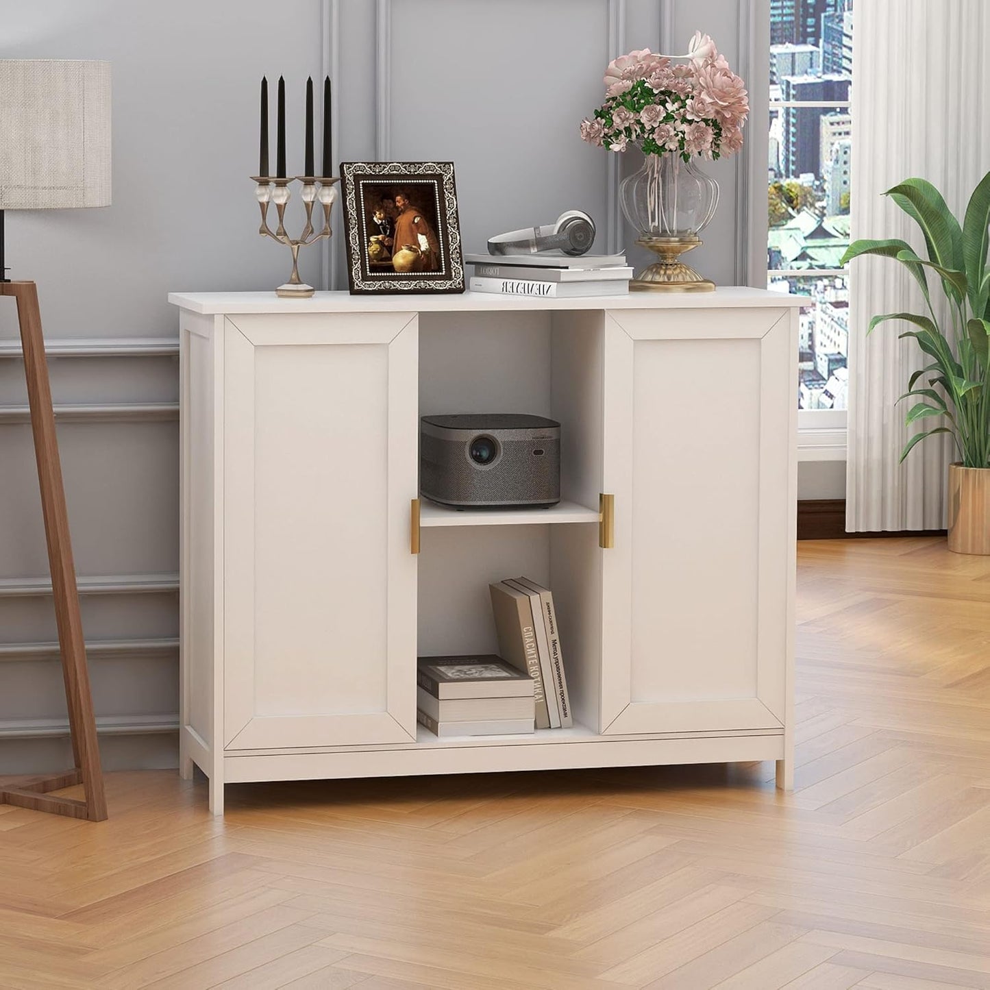 TaoHFE White Buffet Cabinet with Storage,Wooden Narrow Sideboard Entryway Cabinets,Modern White Cabinet with Doors Credenza