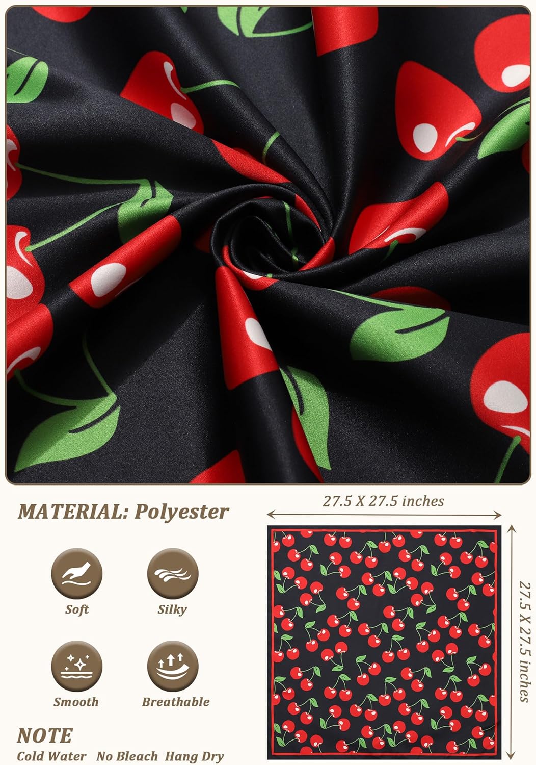 CHLINS 27.5” Cherry Square Head Scarf Hair Scarf for Women's Hair Silk Bandana Head Wrap for Sleeping & Handbags Accessories