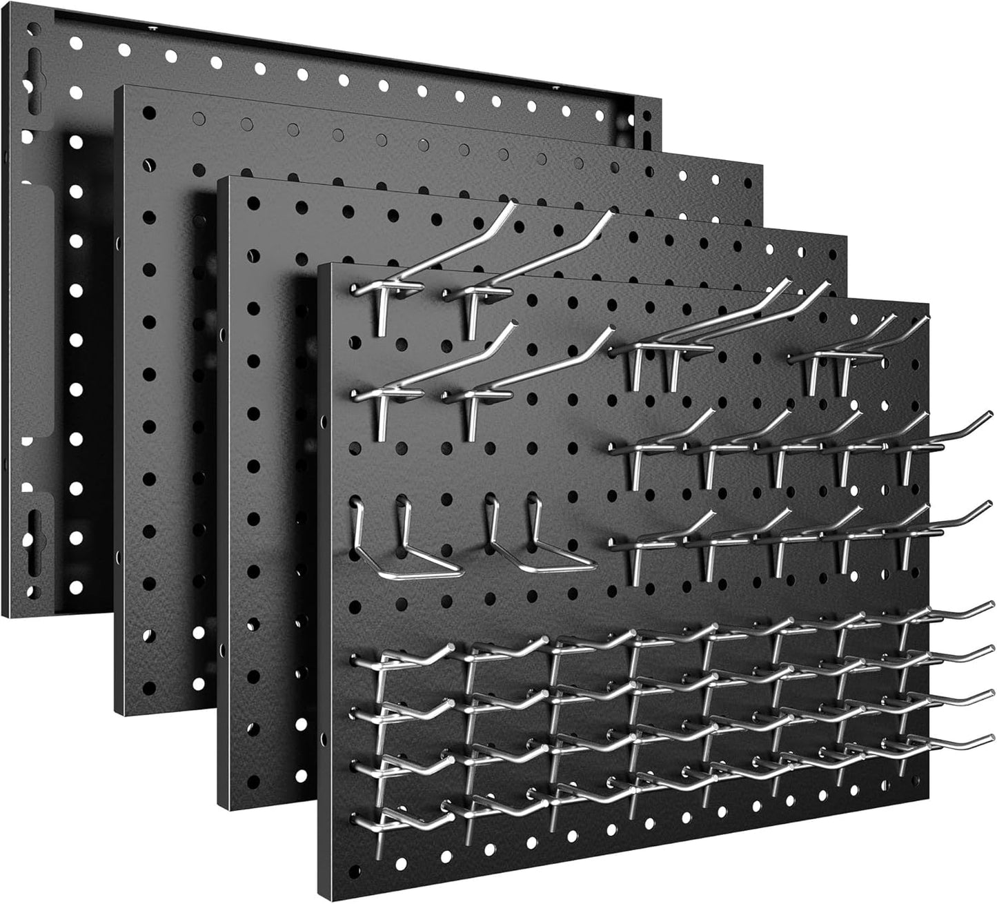 Peg Board, 4 Pack Metal Pegboard Panels with 50 Hooks, Black Pegboards Wall Organizer, Heavy Duty Peg Board for Walls Home, Garage Tool Storage, Office Organization, Craft Room, Kitchen