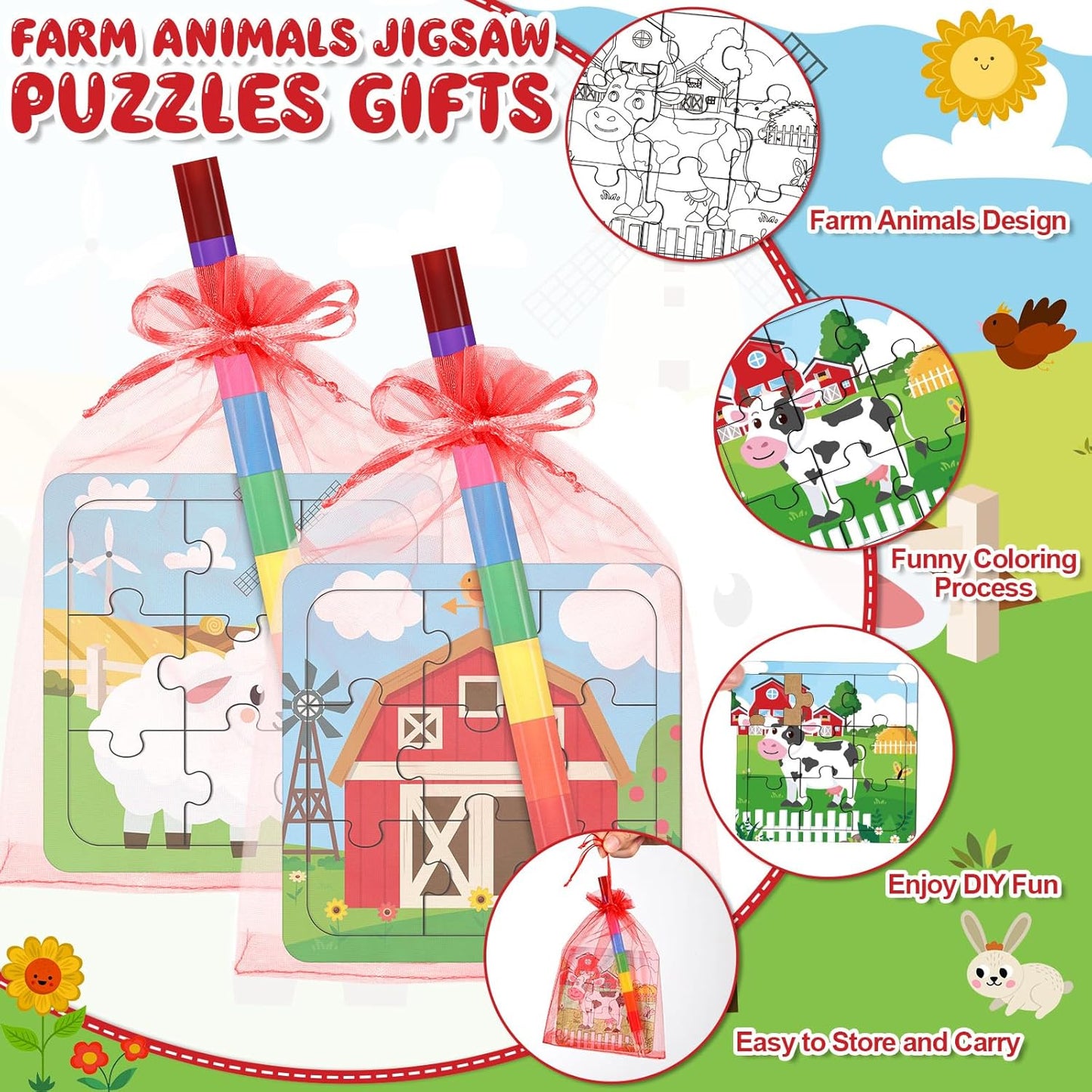 12 Sets Farm Animal Puzzles Barnyard Color Your Own Puzzles DIY Barn Theme Jigsaw Crafts with 12 Stackable Crayons 12 Bags for Farmhouse Animal Gifts Birthday Party Supplies Favors