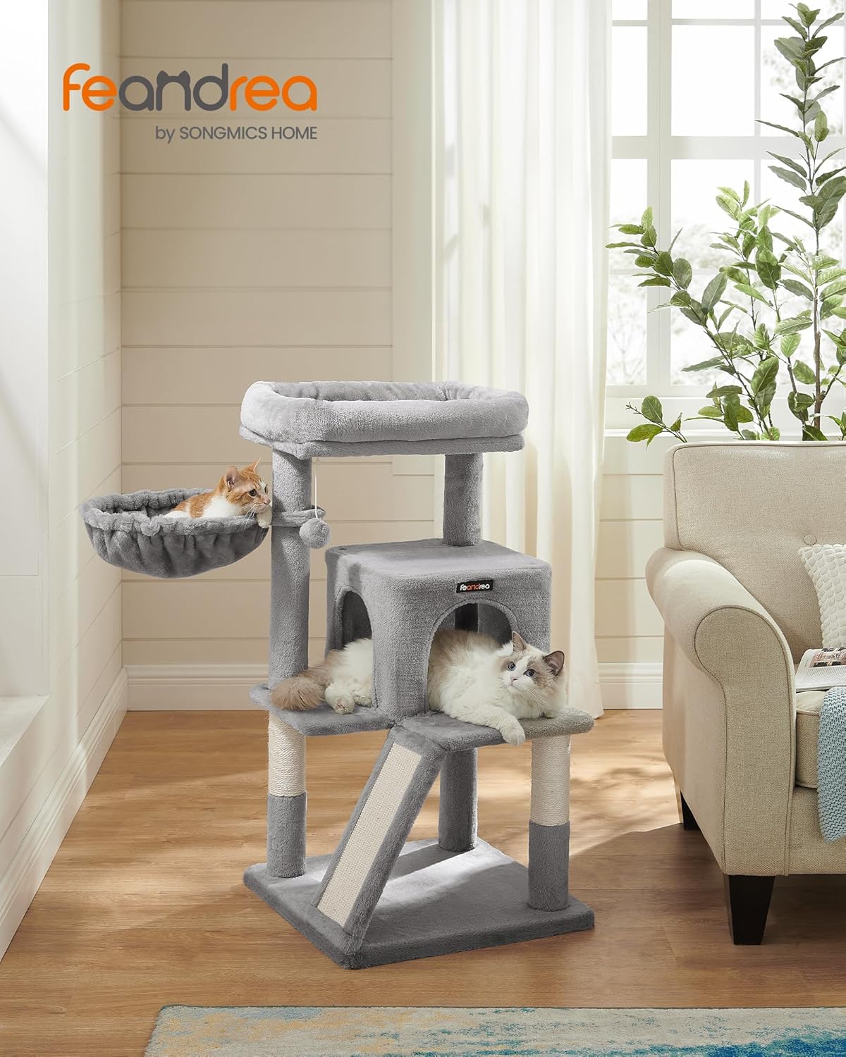 Feandrea Cat Tree, 37.8-Inch Cat Tower, Multi-Level Condo with Widened Perch, Scratching Posts and Ramp, 2-Door Cave, Hammock, Light Gray UPCT51W