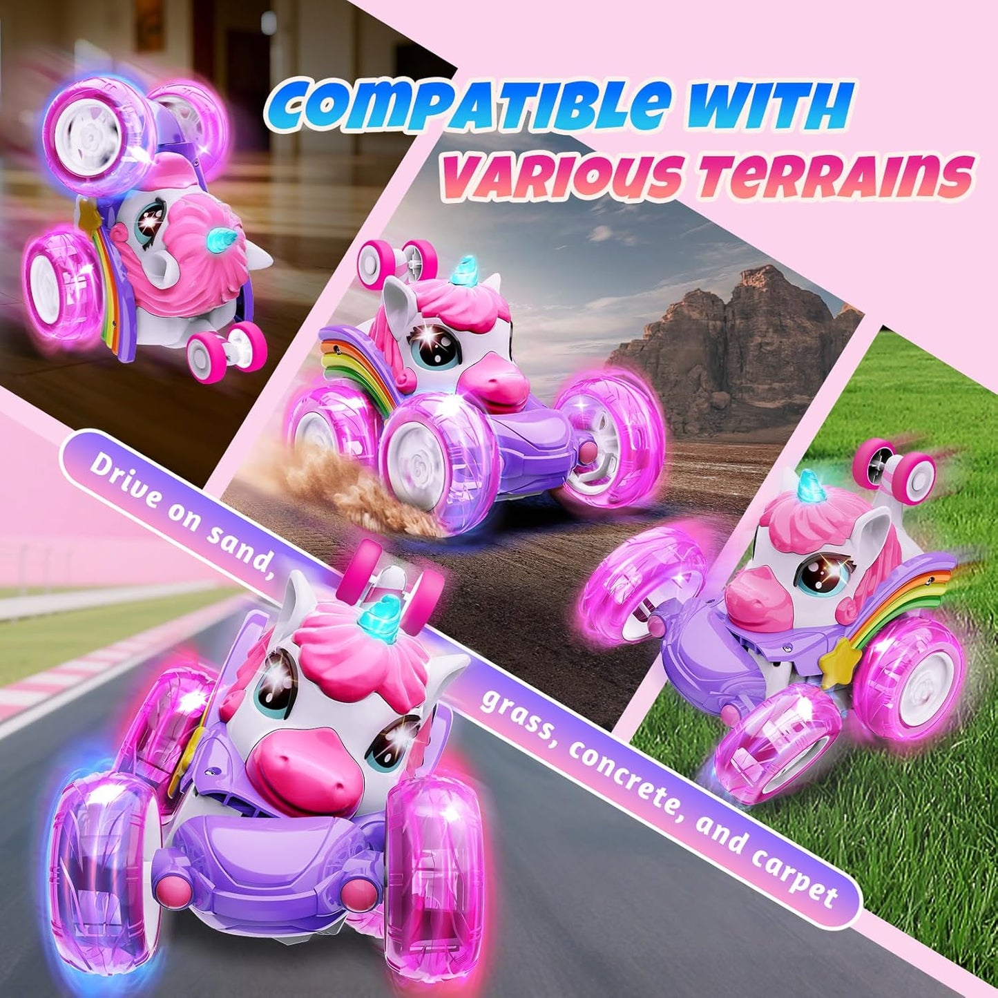 Unicorn Remote Control Car Toys for Girl - 360° Rotating Pink RC Stunt Cars 4WD Remote Cars for Kids, 2.4GHz Toy Car with LED Lights, Easter Birthday Gift for 3 4 5 6 7 8 9 Year Old Girl