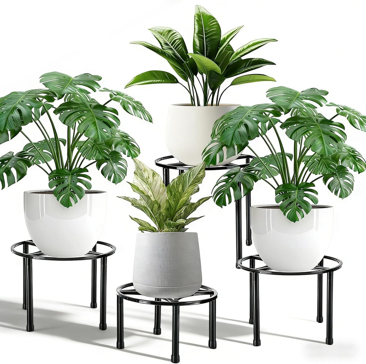 4 Pack Metal Plant Stands for Indoor Outdoor Plants Rustproof Metal Flower Pot Stands Round Plant Shelf Heavy Duty Potted Plants Shelf Decoration for Planter Supports Garden Home (3 Sizes)