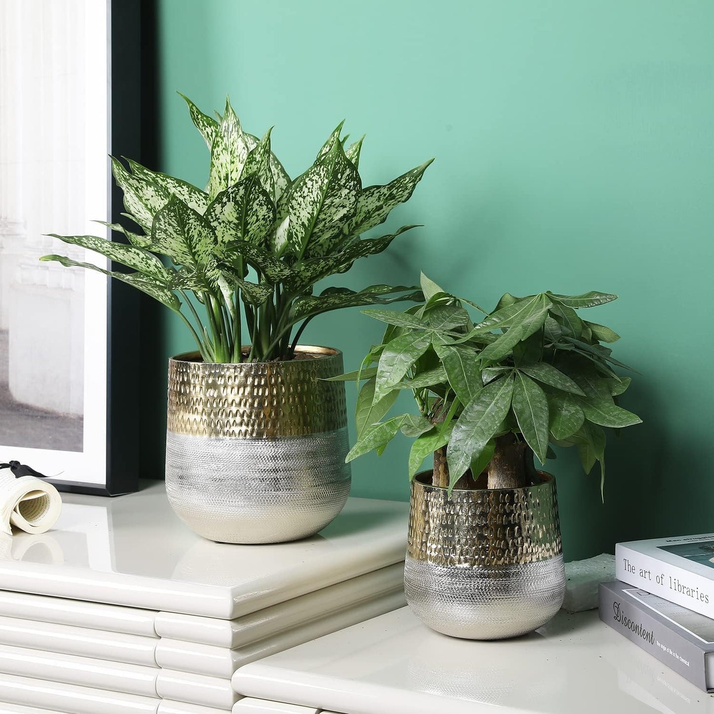 MyGift Round Two-Toned Indoor Planter Pot, Hammered Brass and Milled Embossed Silver Tone Metal Planter Vase, Set of 2 - Handcrafted in India
