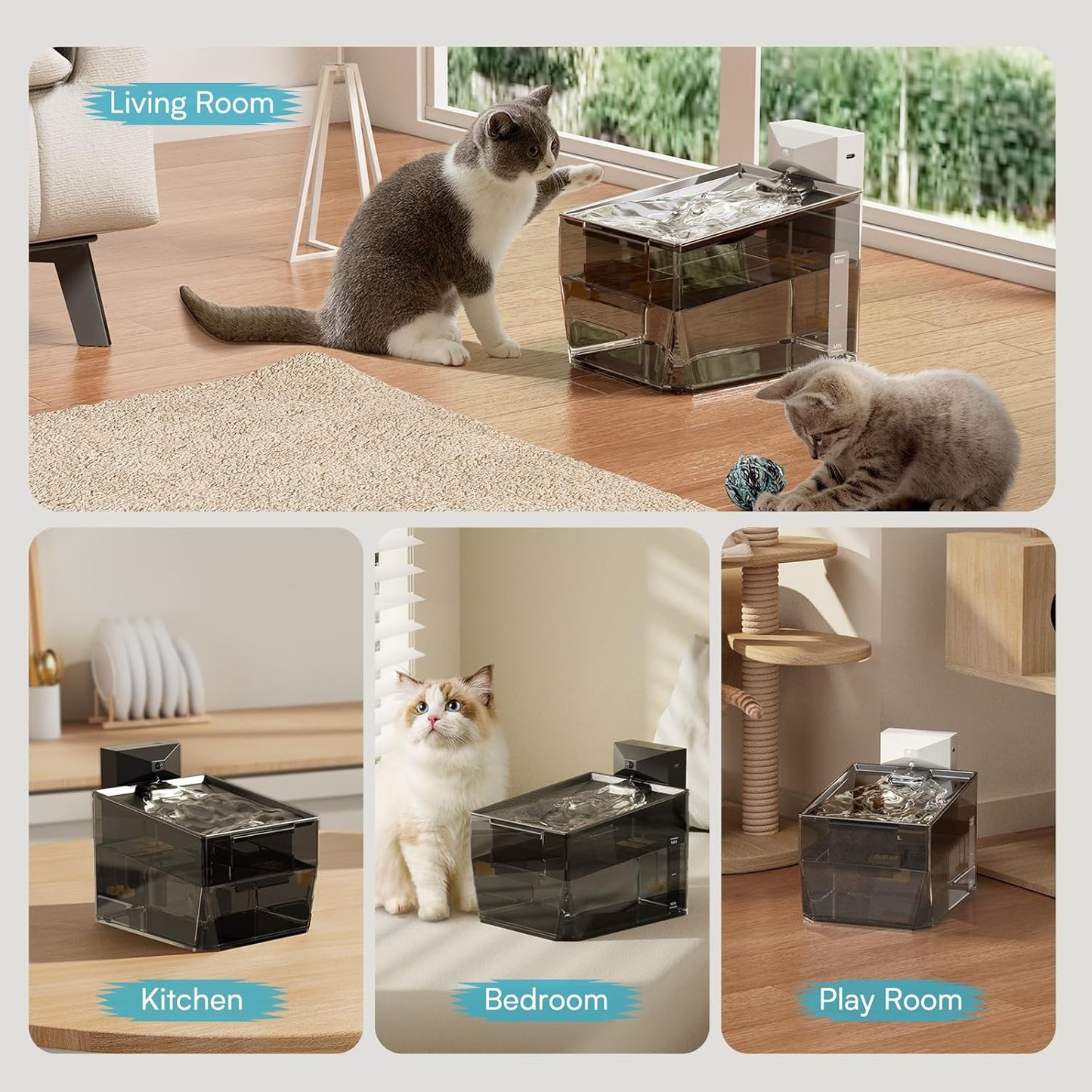 Cat Stainless Steel Water Fountain for Cats Inside,Wireless Pet Water Fountain,2.2L/74oz Automatic Cat Fountains for Drinking with Wireless,Easy Cleaning White