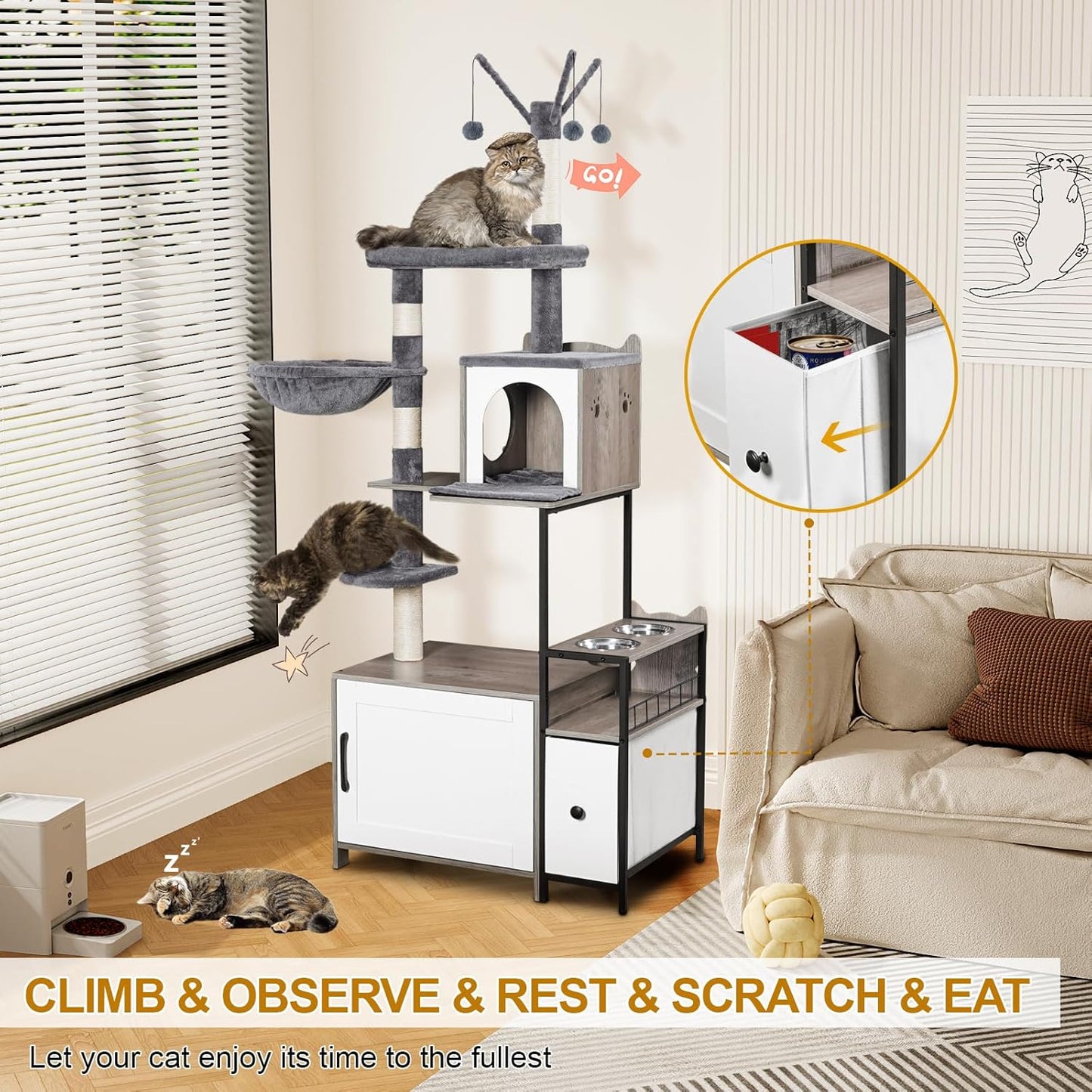 Snughome Cat Tree with Litter Box Enclosure, 3-in-1 Modern Cat Tower for Indoor Cats, 67.32’’ Hidden Cat Litter Box Furniture with Cat Condo, Food Station and Hammocks, All-in-one Cat Furniture