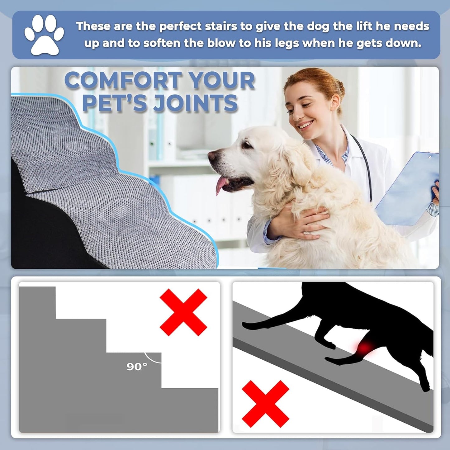 4 Steps Pet Stairs for Small Dogs, 19” High Curved Dog Stairs for Bed with Non-Slip Base, High-Density Foam, and Removable Washable Cover