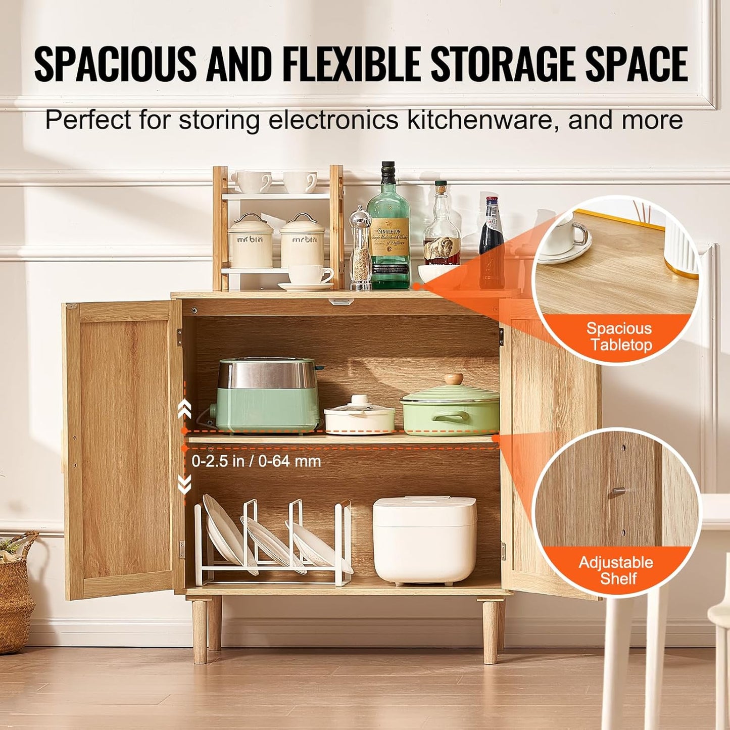VEVOR Rattan Cabinet, Buffet Cabinet with 2 Magnetic Doors and Adjustable Shelves, Sideboard Buffet for Hallway, Entryway, Living Room, or Kitchen, Natural