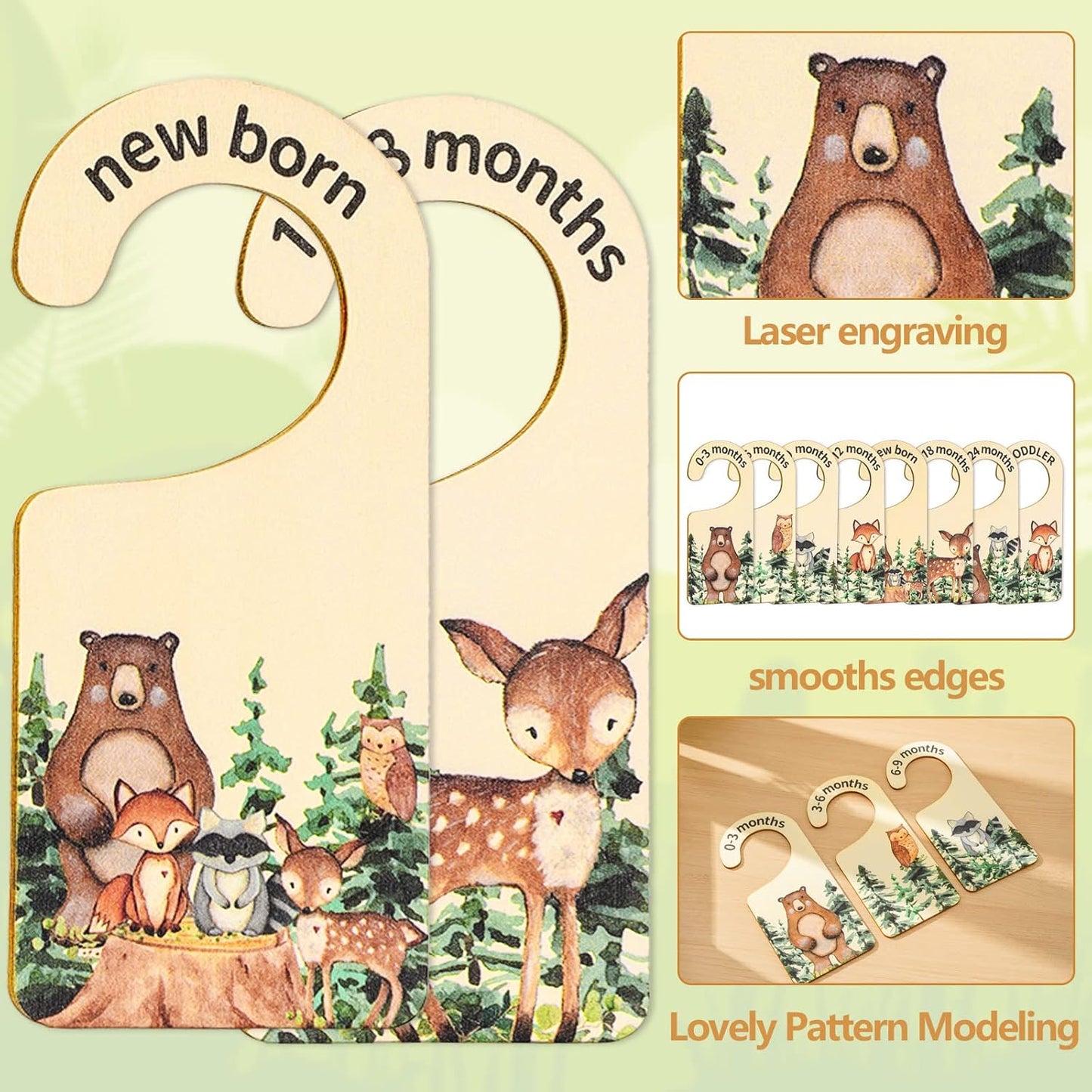 Whaline 8 Pcs Baby Closet Size Dividers Woodland Design Hanging Wooden Baby Closet Organizer Newborn to 24 Months Thicken Babies Wardrobe Organizer for Home Nursery Decor