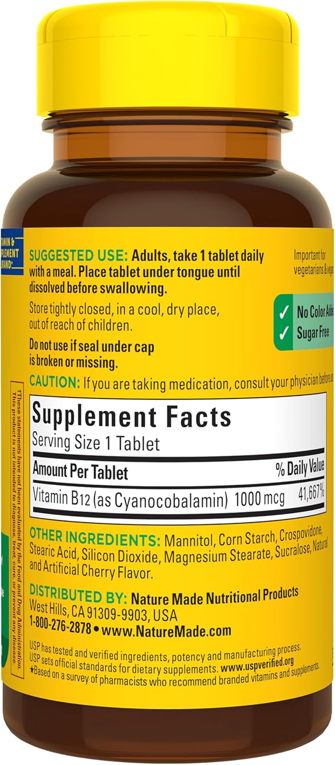 Nature Made Vitamin B12 1000 mcg, Easy to Take Vitamin B12 Sublingual Tablets for Energy Metabolism Support, 150 Sugar Free Fast Dissolve Tablets, 150 Day Supply