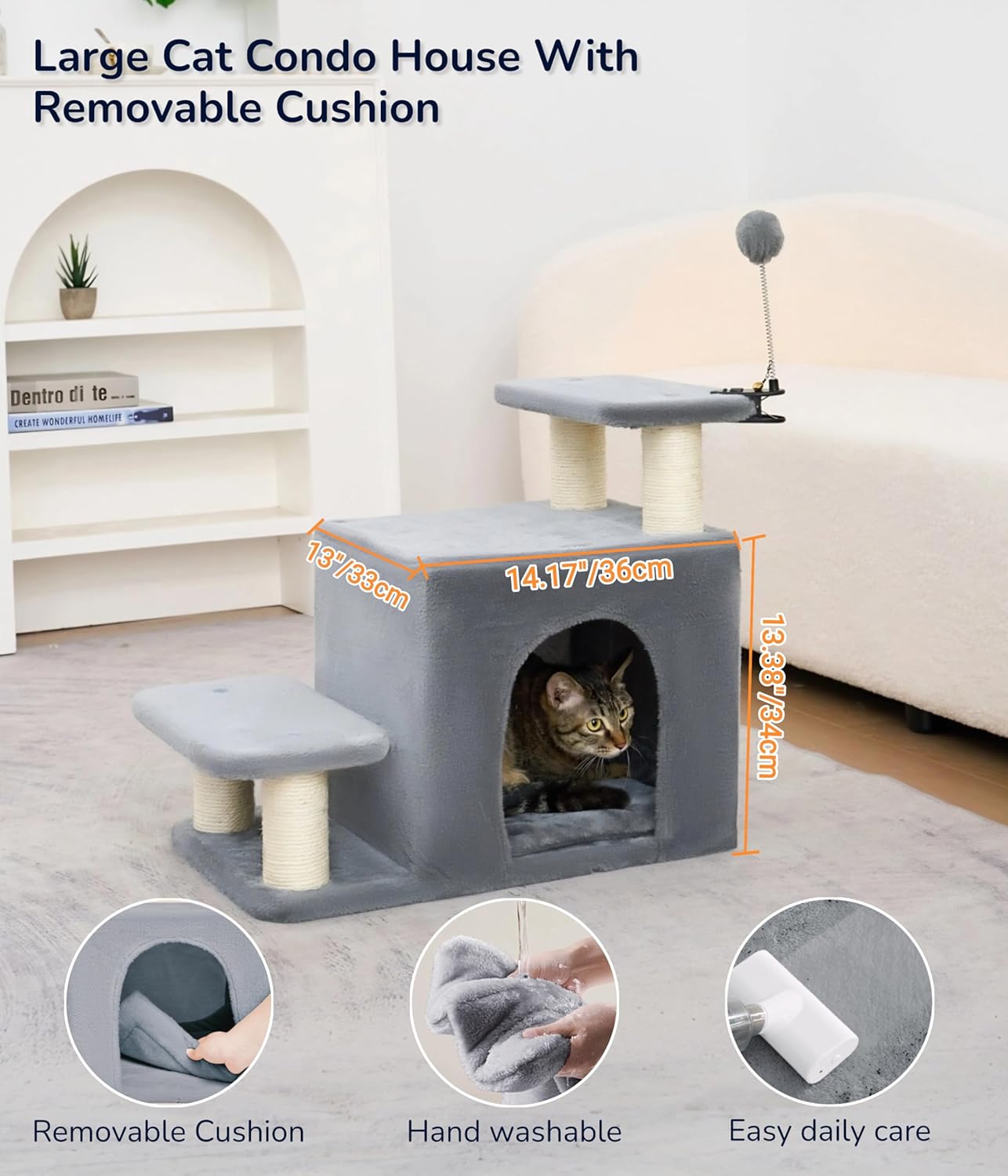 Happi N Pets Dog Stairs with Cat Scratching Post & Large Condo, Stable Pet Steps for High Beds Couch, 3 Combinations Cat Ramp Tree Tower for Cats or Small Dogs, Removable Cushion & Bonus Toy, Gray