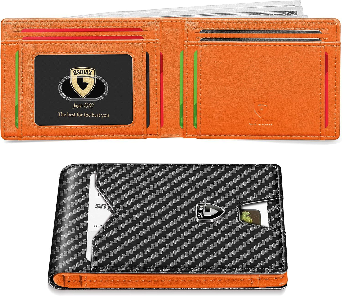 GSOIAX Slim Wallet for Men Rfid Blocking Leather Bifold Front Pocket Carbon Fiber Credit Card Holder Novelty Wallets With Gift Box (Carbon Black and Orange)