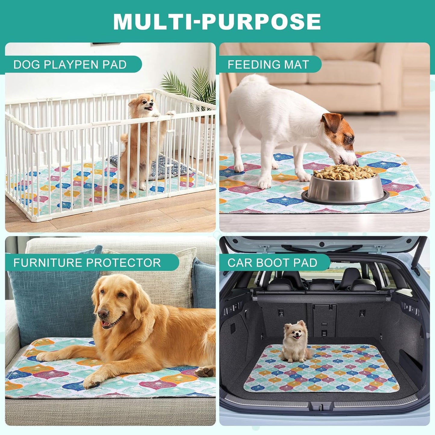 Washable Pee Pads for Dogs, Stylish Absorbent Reusable Training Dog Pads, Non-Slip and Leak-Proof Puppy Pads, Potty Pads for Crates, Whelping, Playpen, Bed and Floors, Bohemian Pattern 4 Pack 18" x24"