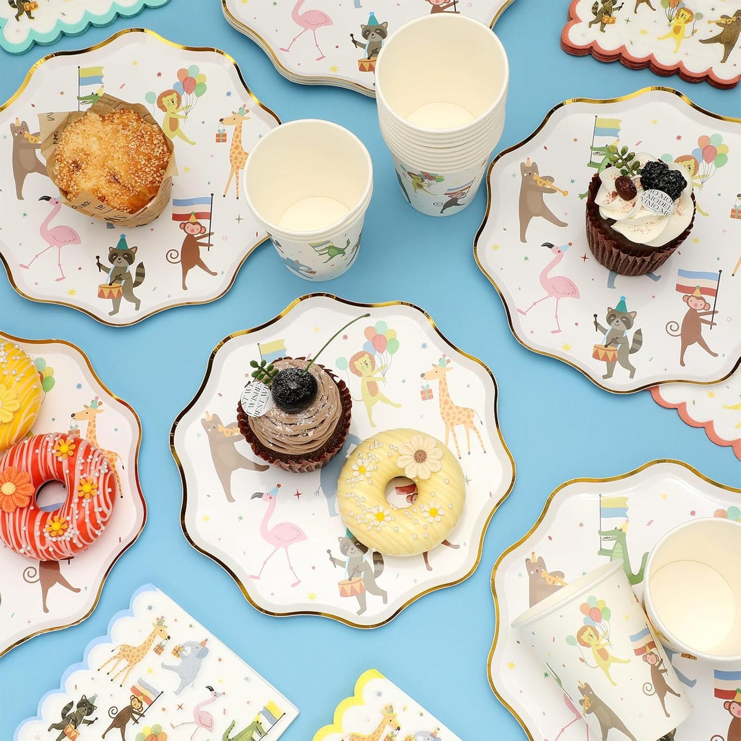 150 Pcs Animal Parade Party Supplies Paper Plates and Napkins Cups Cute Disposable Animal Parade Tableware Set for Birthday Party Decorations, Serve 50 Guests