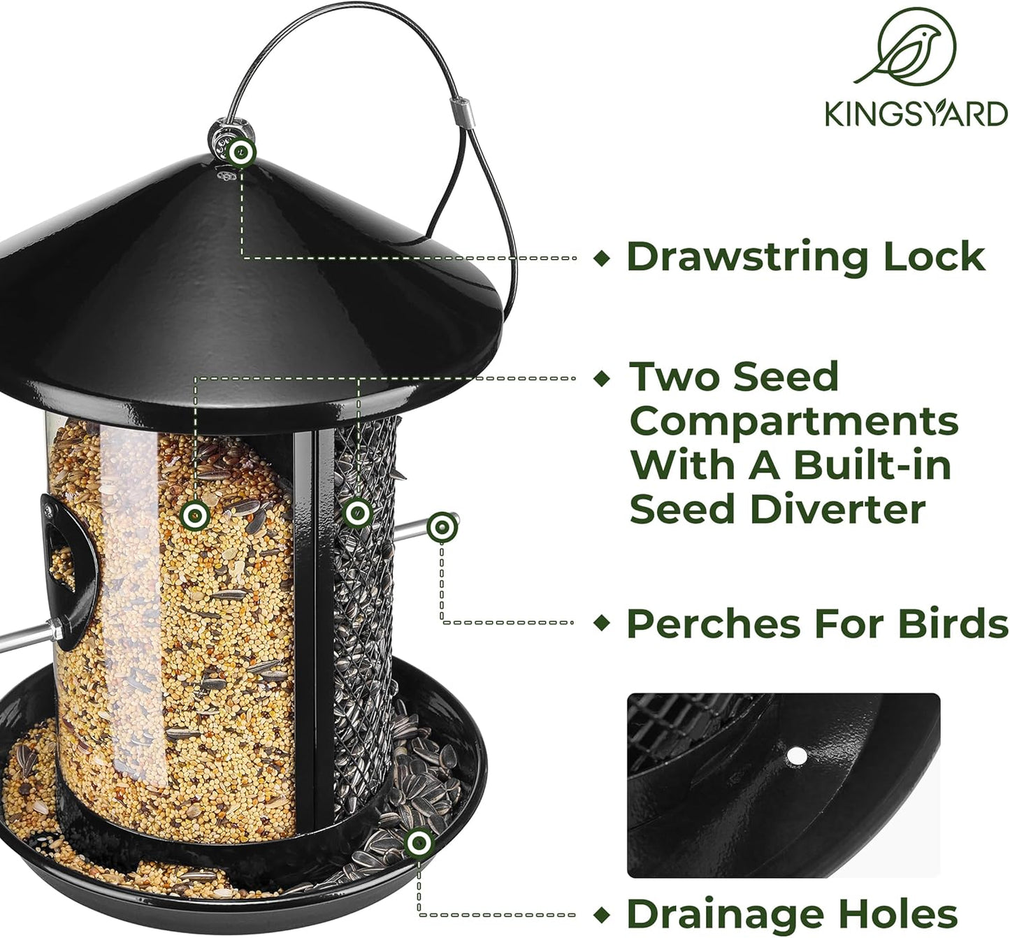 Kingsyard Metal Bird Feeder for Outdoor Hanging - Chew Proof Wild Bird Finch Cardinal Feeder with Dual Chamber of 4 lbs Capacity for Bluebird, Black