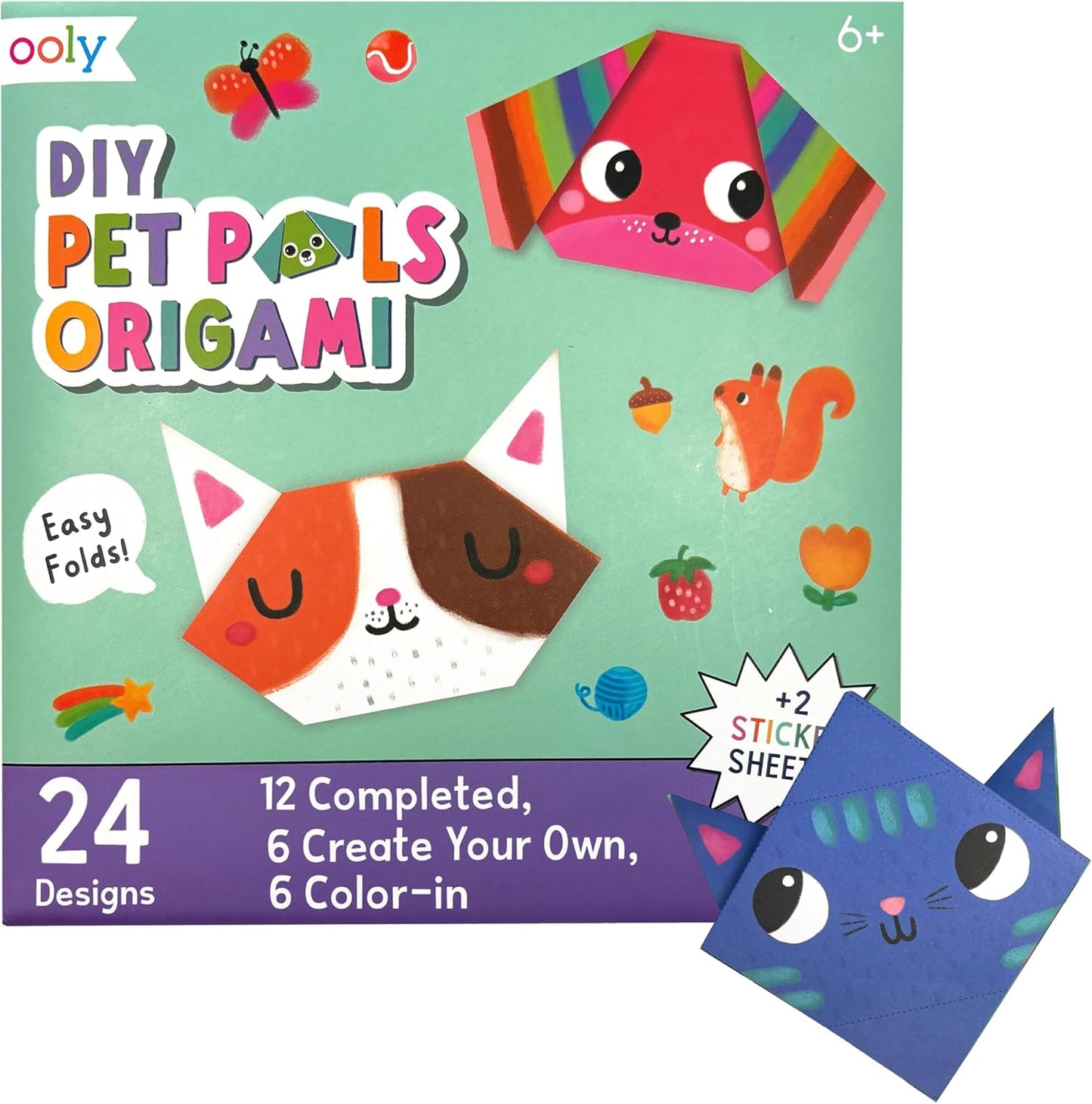 Ooly DIY Paper Kit, 24 Animal Origami Designs & Stickers, Kit Includes 12 Completed, 6 Blank and 6 Color-in Folding Pet Origami Designs