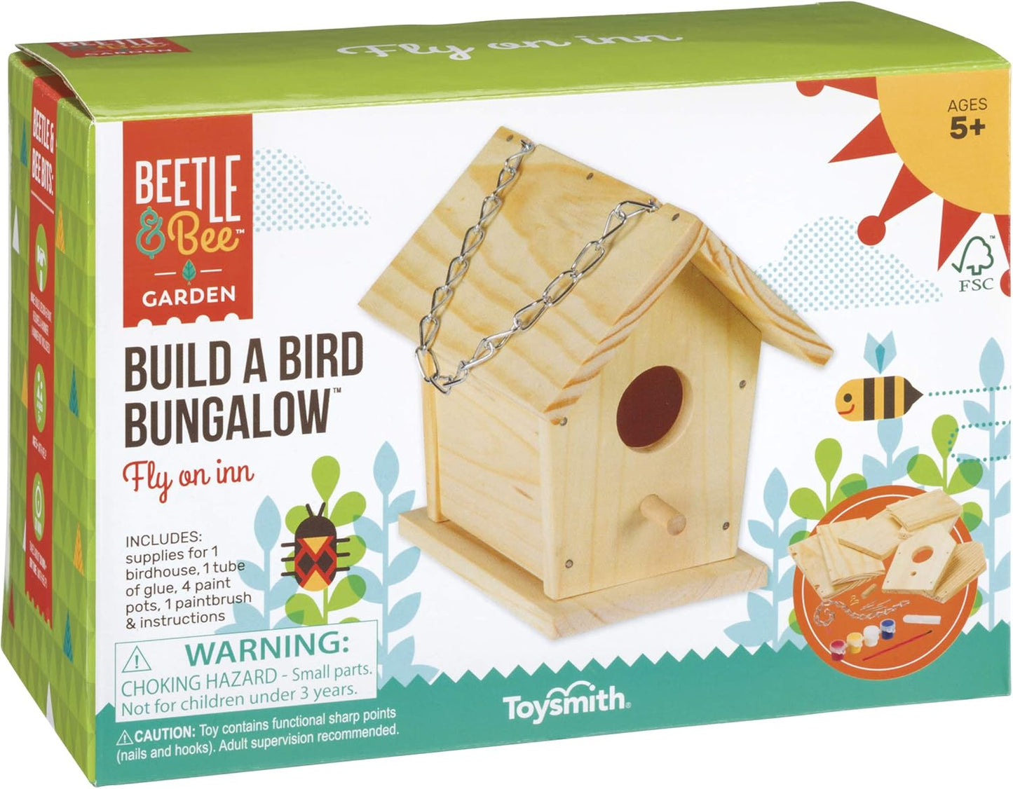 Beetle & Bee Build A Bird Bungalow - DIY Kid Art Craft Outdoor Birdhouse Kit, House Painting Kit for Kids, Hardware Glue Included- 4 Paints, 1 Brush, 7 Wooden Pcs, Chain For Tree Hanging Age 5+