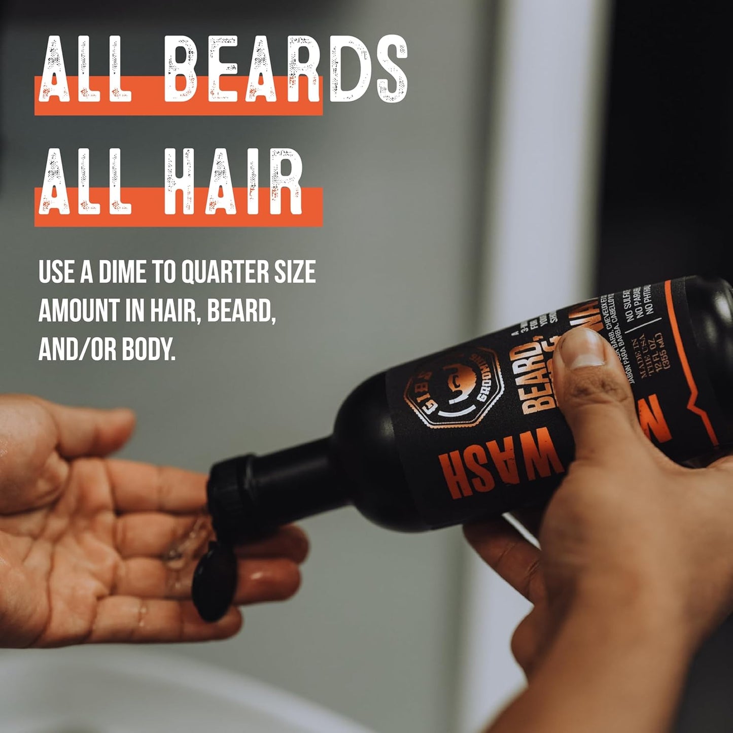 GIBS Grooming - Man Wash 3-in-1 Beard, Hair, Body Soap - Citrus, Oak, Basil Scent - Sulfate Free - Tea Tree Oil, Hemp Oil, Protein - Mens Body Wash & Mens Shampoo - Made in USA