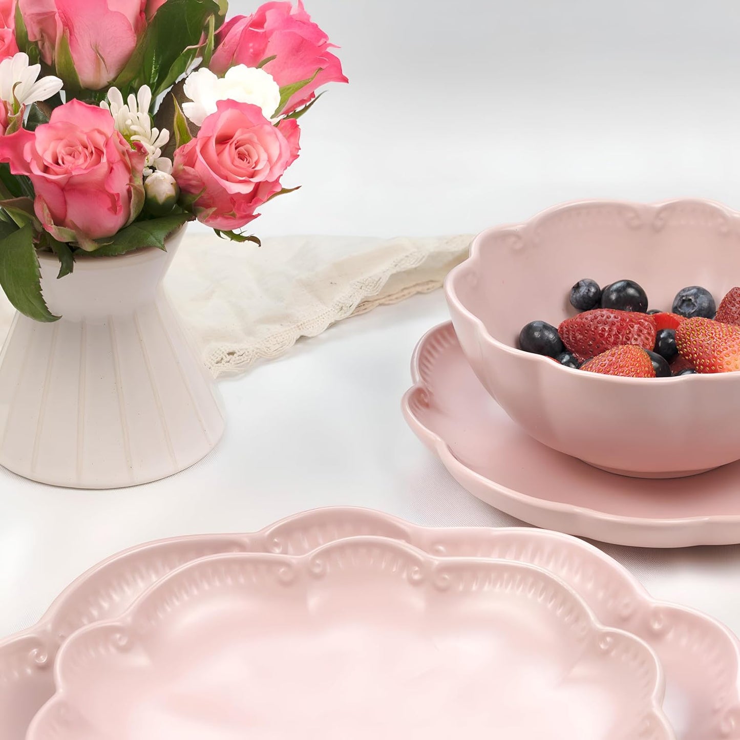 Sango 12 Pieces Scalloped Dinnerware Set, Modern Pink Dishes for 4, Premium Serving Plates & Bowls Sets, Chip Resistant, Ceramic Dishware, Kitchen Dish, Microwave & Dishwasher Safe, Bethany