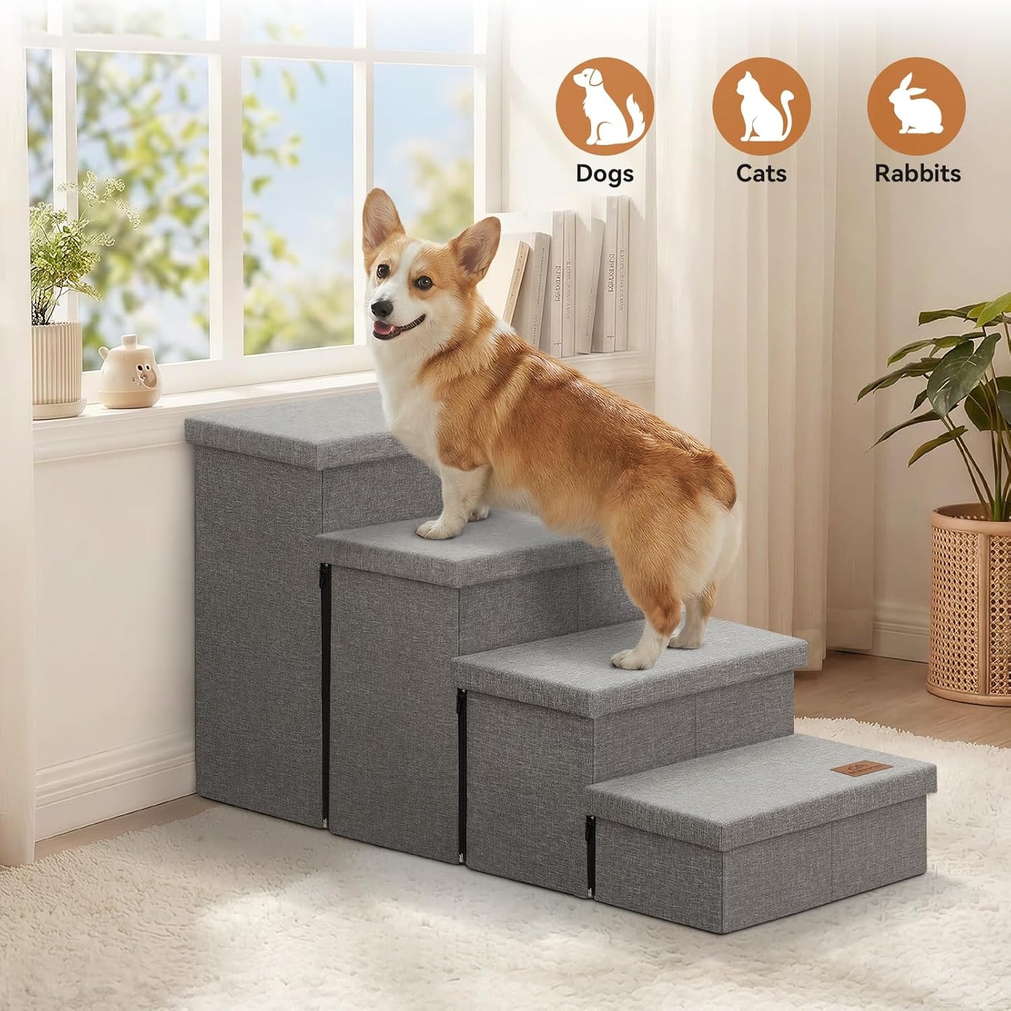 Dog Stairs with Storage 23" H, 4-Step Wider Dog Steps for High Beds Window, Folding Sturdy Pet Stairs Gift for Injured Old Dogs Cats, Ramp for Climbing Car Up to 200 lbs,(Gray, No Condo)