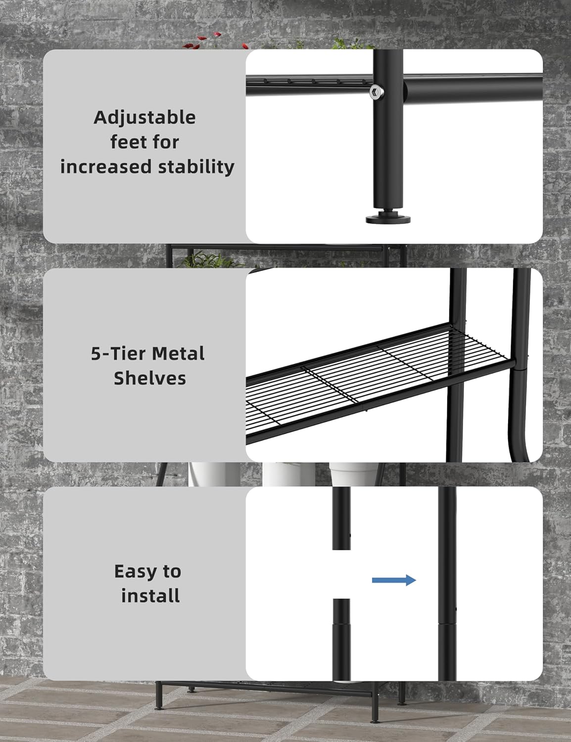 5-Tier Plant Stand Indoor Outdoor, 64" Tall Metal Ladder Shelf for Multiple Flower Pot Holder, Waterproof Corner Garden Rack for Balcony Living Room, Black