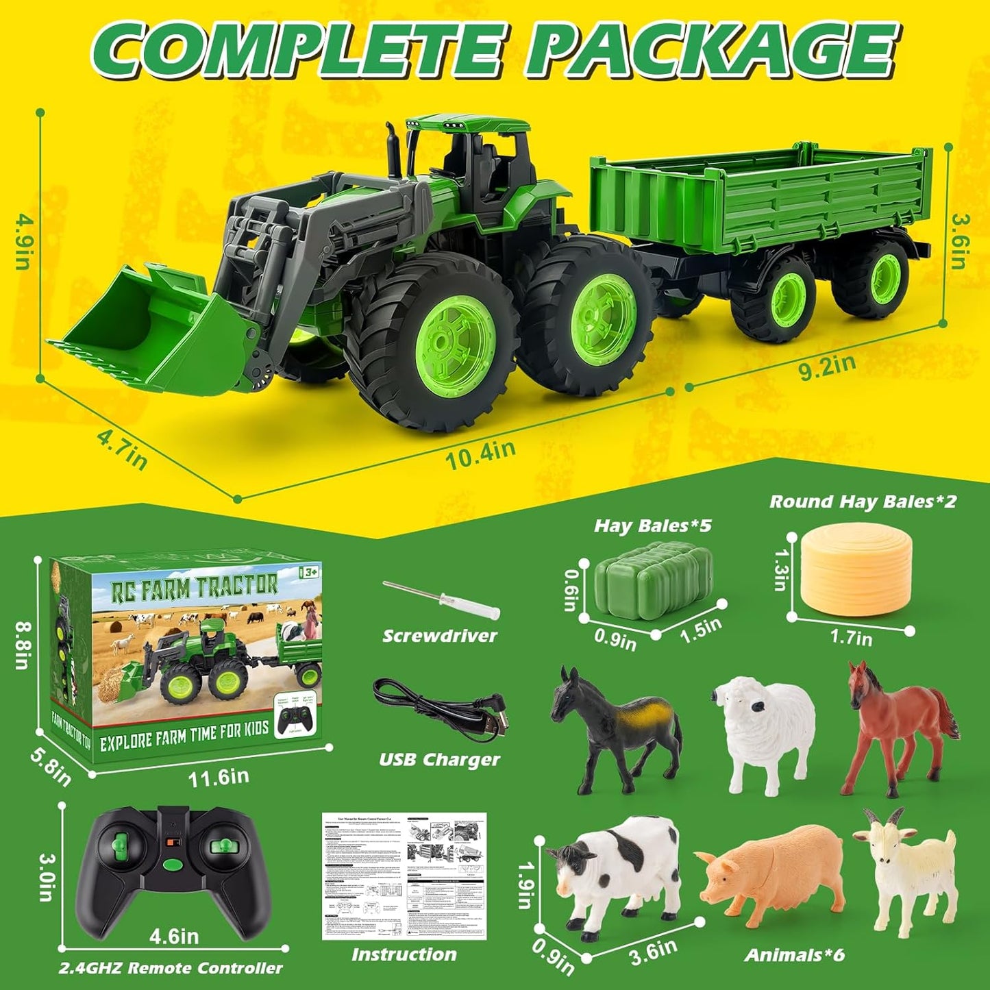 Remote Control Tractor Toy Set with Trailer & Farm Accessories, Light Up Farm Truck Toys for Boys & Girls 3, 4, 5, 6, 7 Year Old, 2.4 Ghz RC Tractor Toys, Ideal Christmas, Birthday Gifts for Kids