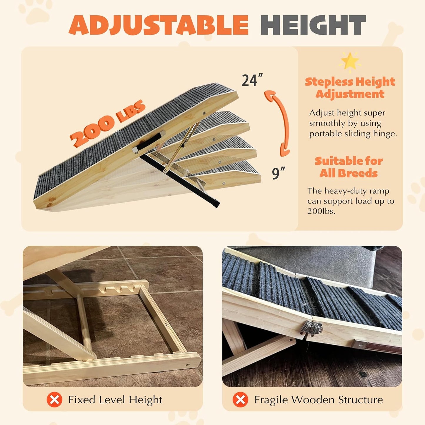 PETKARAY Dog Ramp for Bed, Stepless Adjustment Dog Ramp for Couch, Folding Wooden Pet Ramp for Large Dogs, 47" Long Adjustable Height 9"-24", Natural