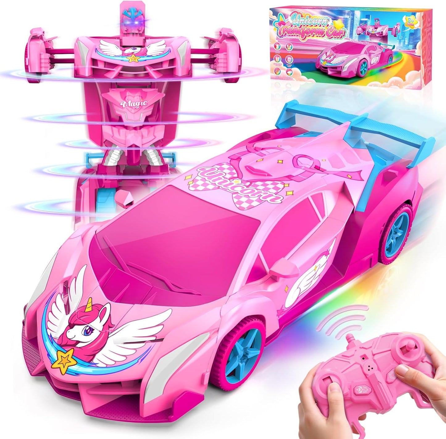Unicorn Transform RC Cars for Girls Toys with Rainbow Eyes & Underbody Lights, Fast 360°Rotation & 2.4GHz Robot Remote Control Car One-Button Deformation,Easter Basket Stuffers for 3-12 Year Old Girls